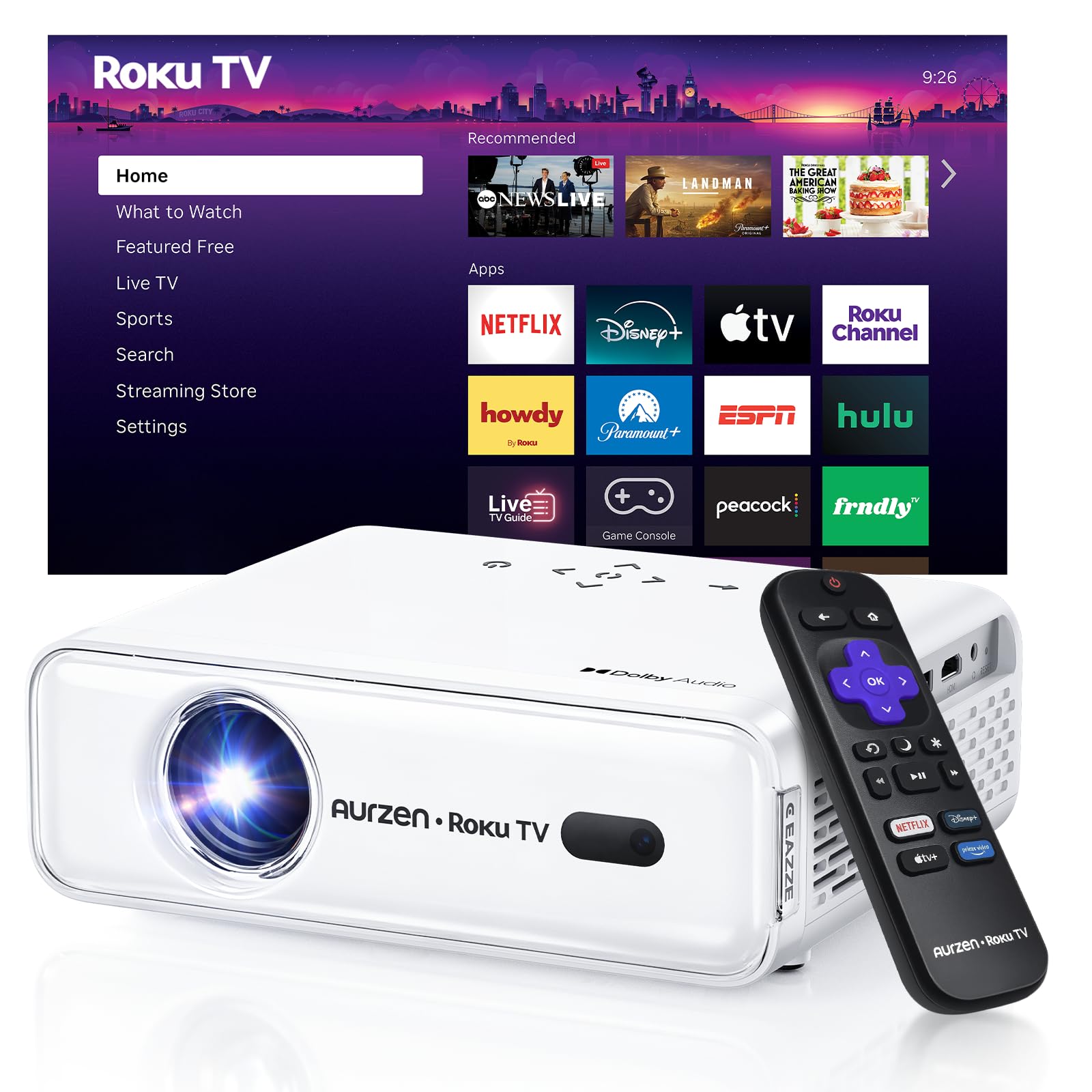 Aurzen Roku TV D1R Smart Portable Outdoor Projector with WiFi and Bluetooth