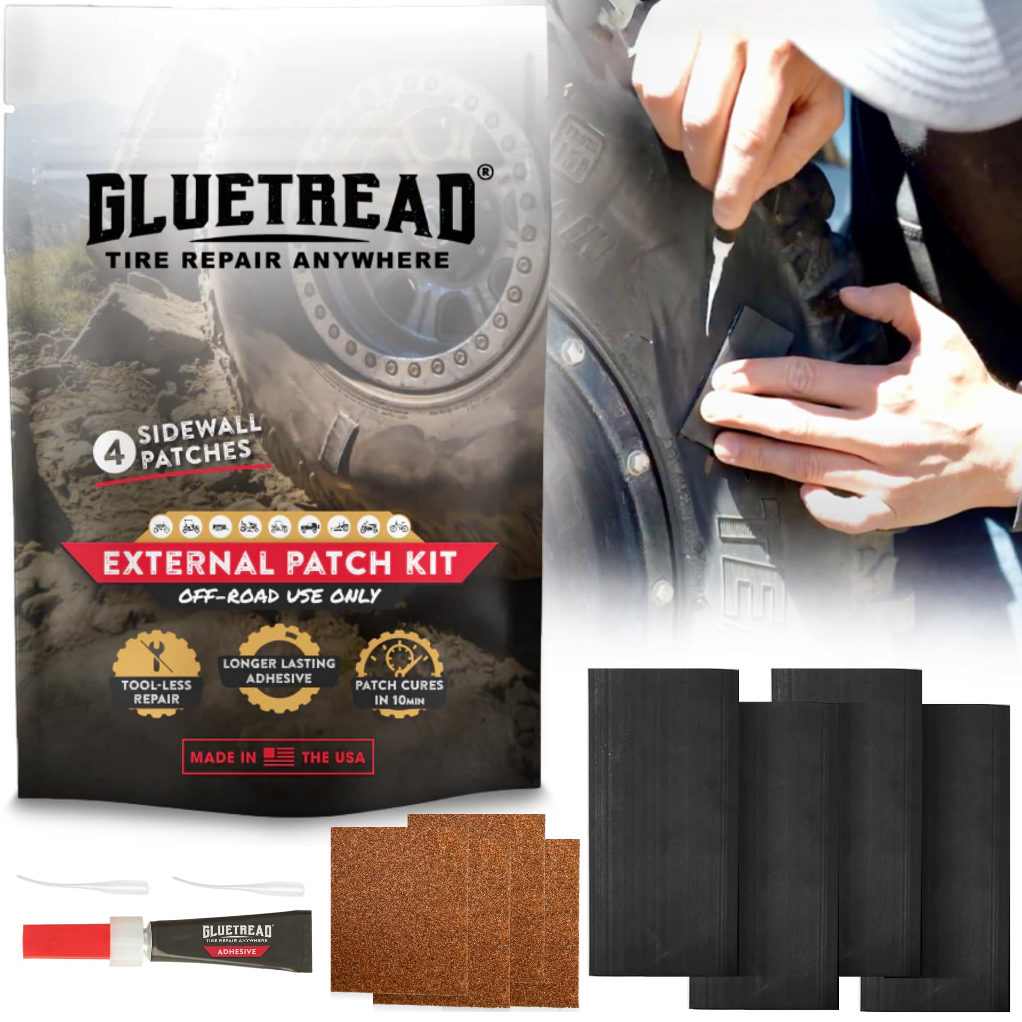 GlueTread External Patch Kit - for Tubeless Tires - No Need to Remove Tire - Kit Includes Enough Material to Patch 4 Tires - ATV Sidewall Repair Kit