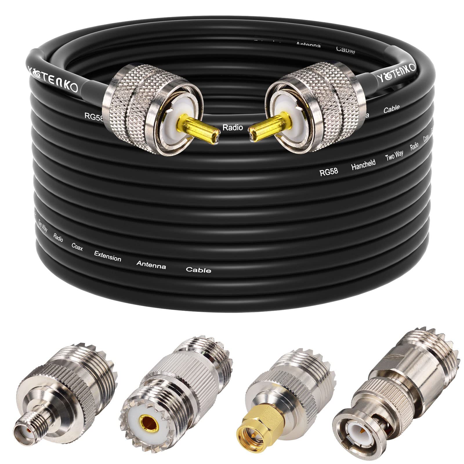 YOTENKO Ham Radio Coax Cable 50 Ohm, RG58 Coaxial Cable 49.2Ft, PL259 Male to Male Coax + UHF SO239 Female to SMA/UHF/BNC Adapter 4-Pack,for CB,Amateur,Ham Radio,Two-Way Radio,SWR Meter
