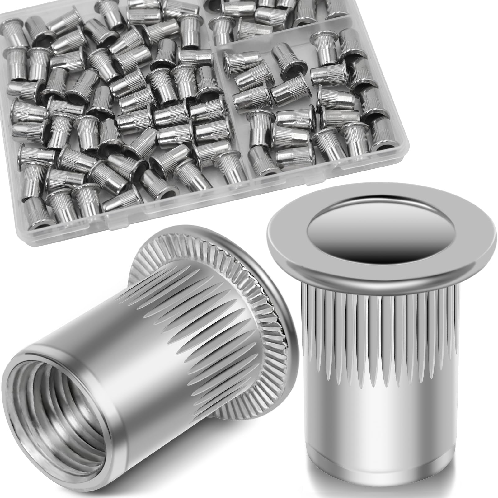 Vifmy 1/4''-20 UNC Rivet Nut, 88Pcs 304 Stainless Steel Flat Head Rivnut Threaded Insert Nutsert