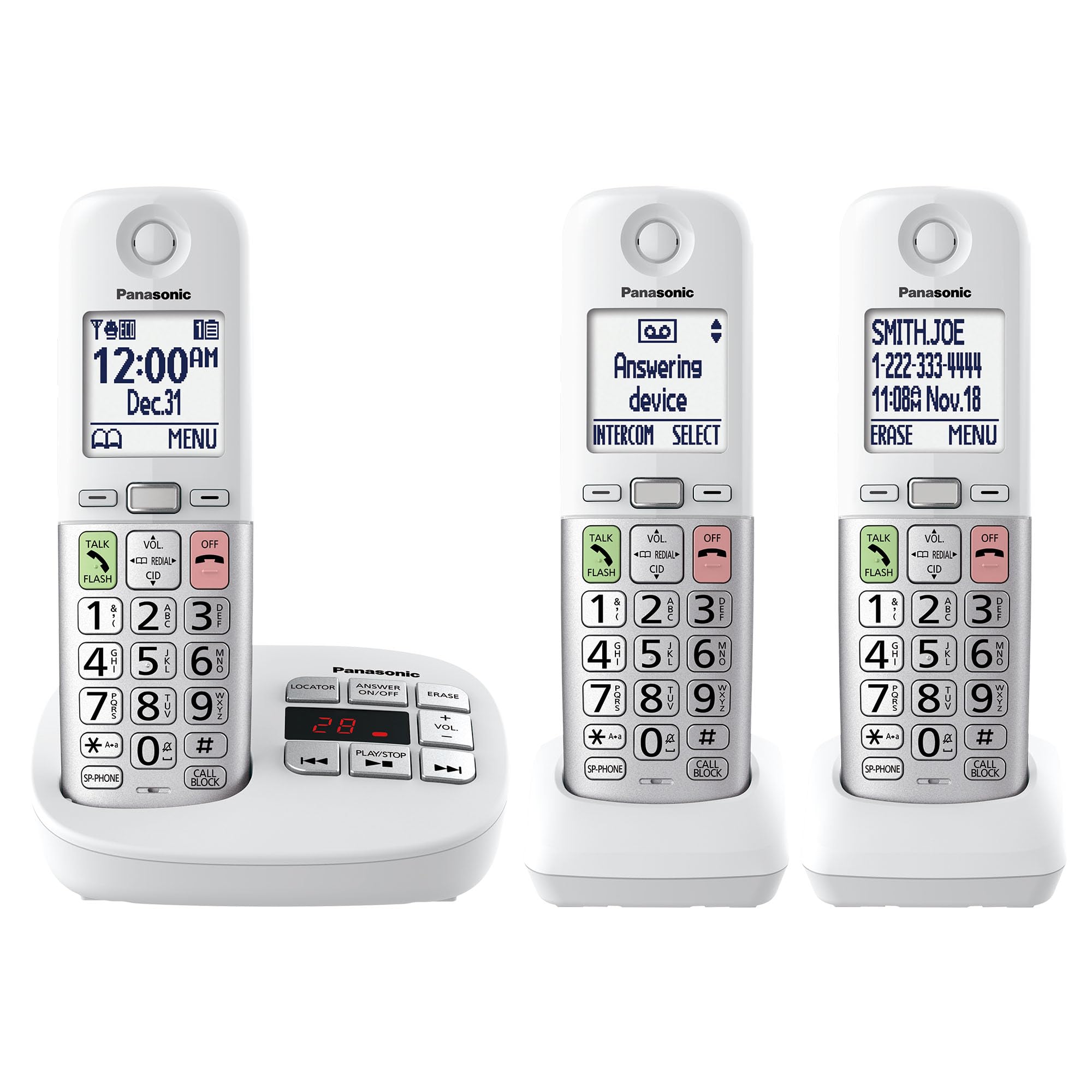 Panasonic Cordless Phone, Easy to Use with Large Display & Big Buttons, Flashing Favorites Key, Flashlight, Call Block, Volume Boost, Talking Caller ID, House Phones, 3 Handsets - KX-TGU433W