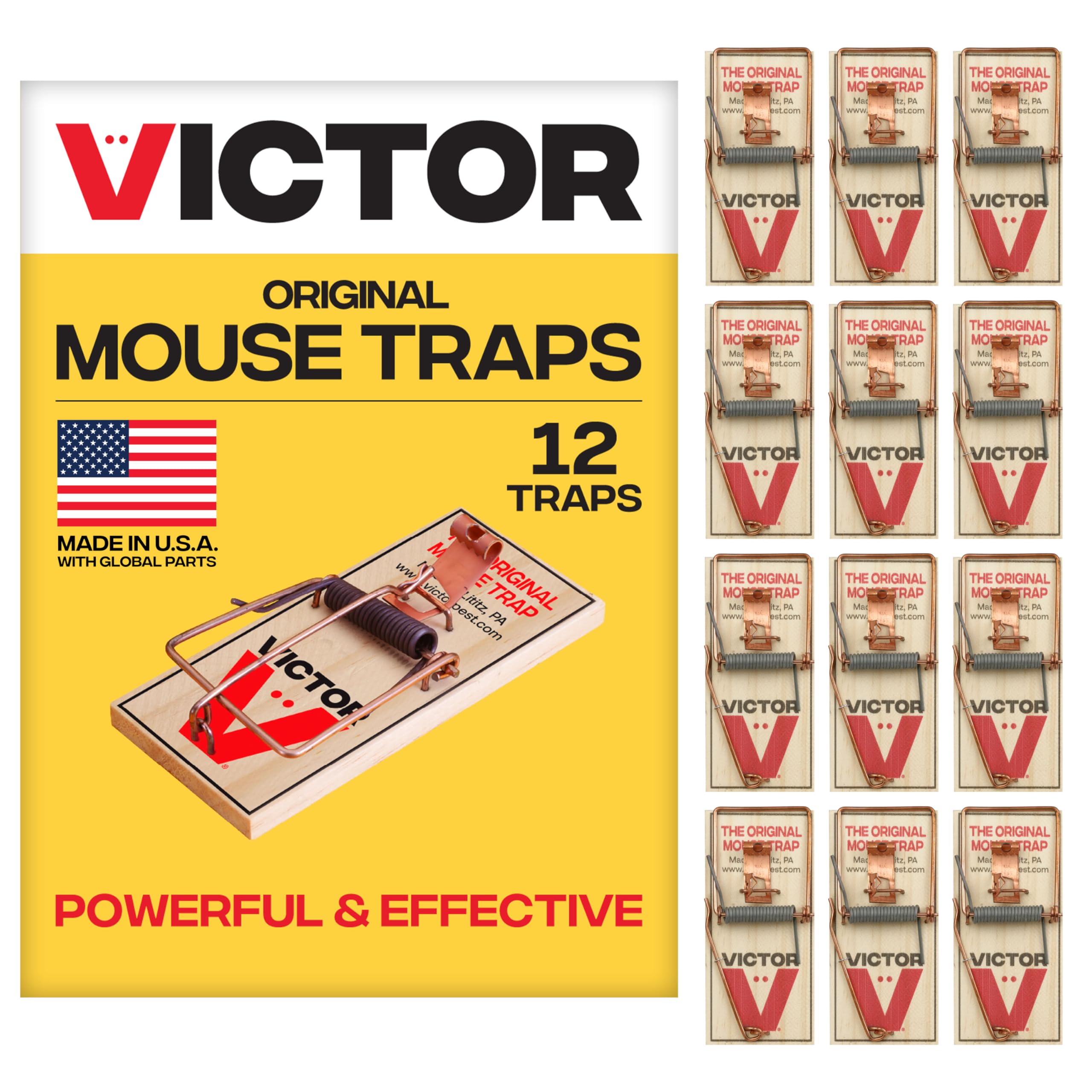 Victor Metal Pedal Mouse Traps, 12-Pack, Reusable Wooden Snap Traps