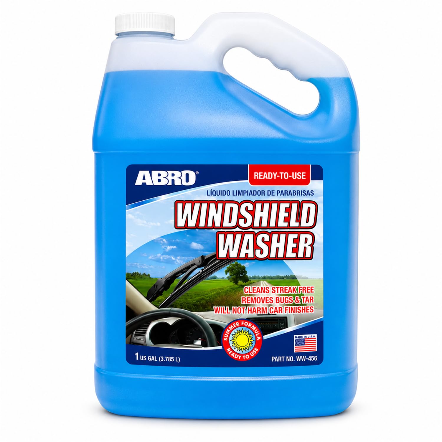ABRO Windshield Washer Fluid Ready to Use Formula - 1 Gallon, Pre-Mixed, Streak-Free Cleanliness, 2-In-1 Removes Bugs & Tar