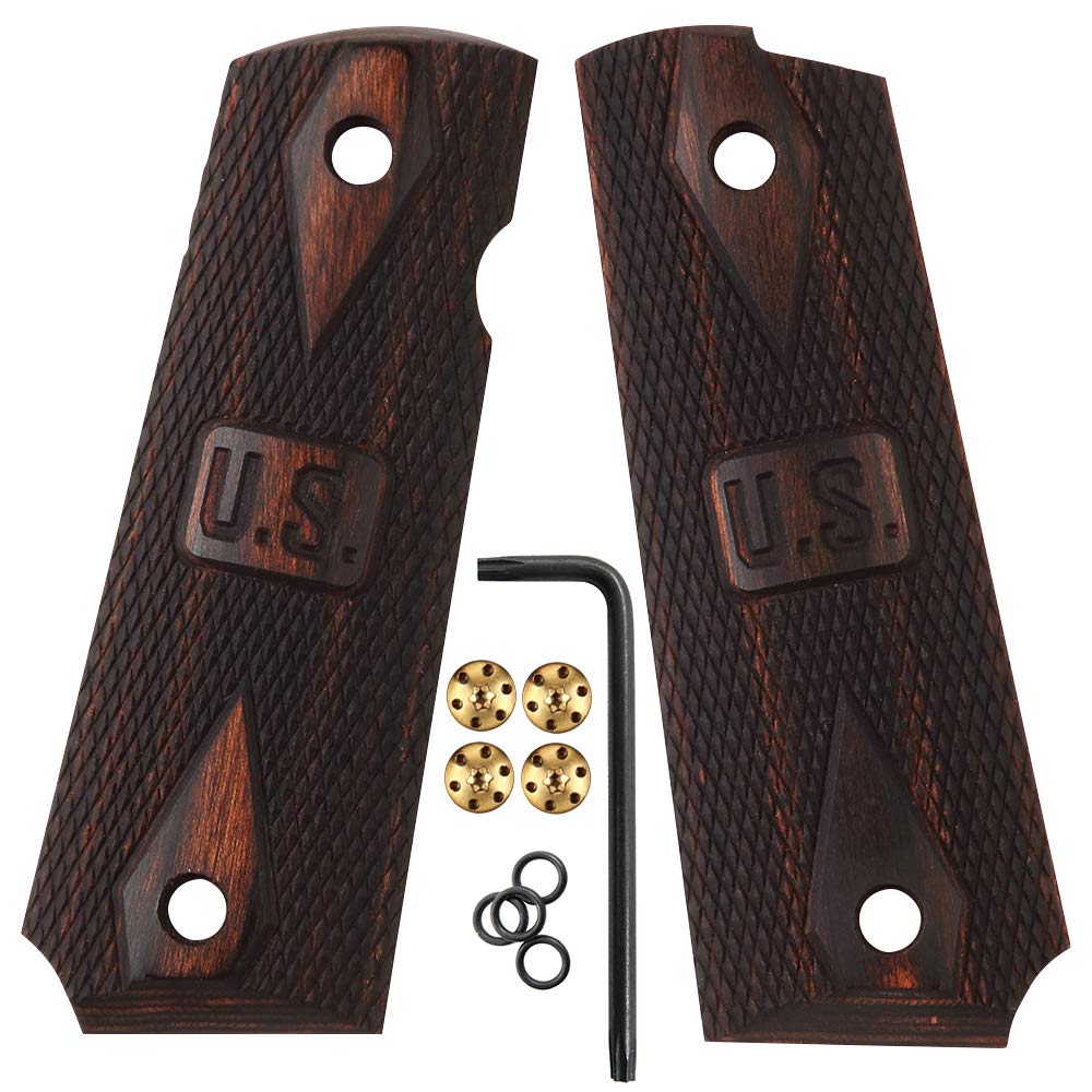 Cool Hand 1911 Wood Grips, Screws Included, Full Size(Government/Commander), Checker Diamond Cut, Ambi Safety Cut (Brown w/US Logo)