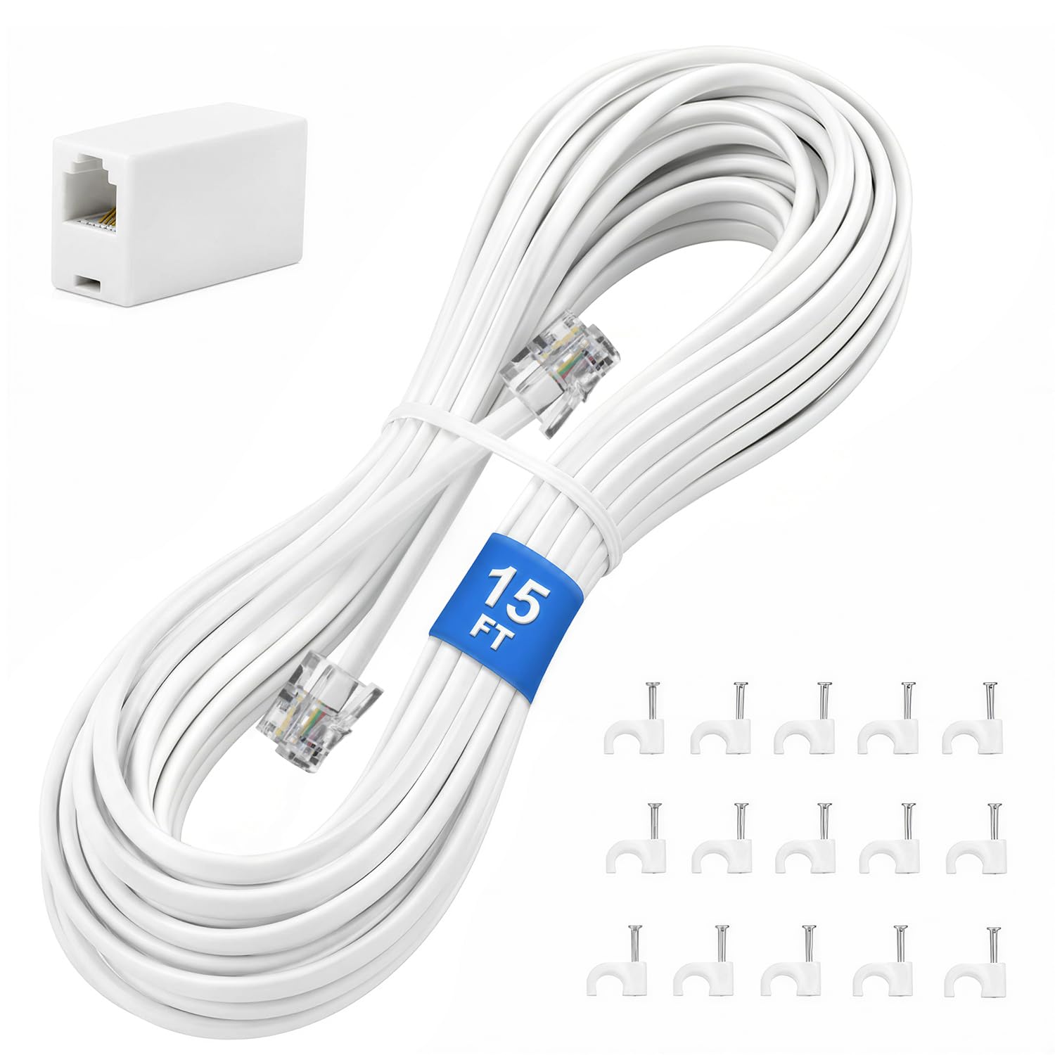 Uvital 15FT Phone Extension Cord, RJ11 Coupler and Cable Clips, White