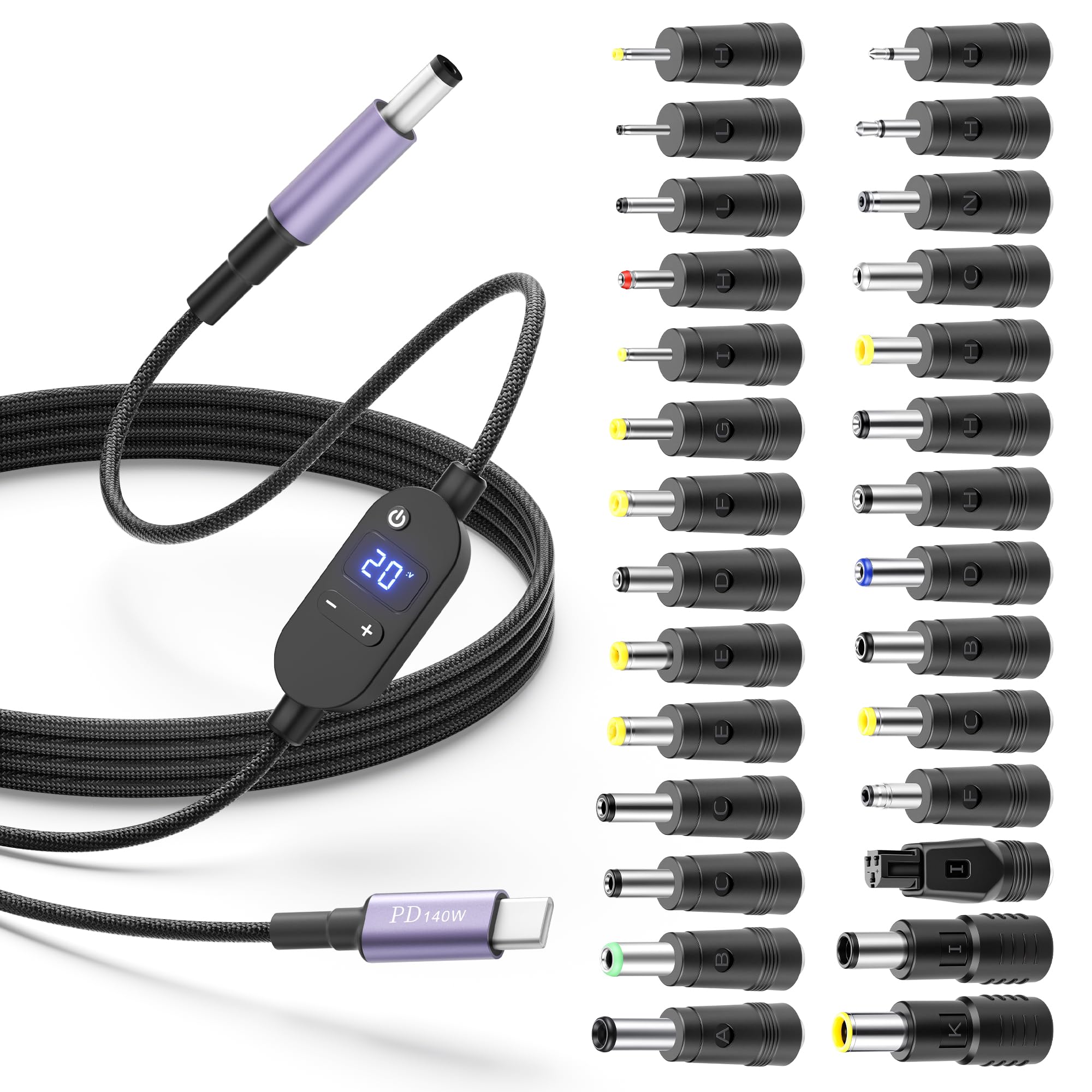 Arkare USB C to DC Adapter 140W USB Type C to DC 5.5x2.5mm 4.9FT Barrel PD Trigger Cable with 28 Tips, 5V/9V/12V/15V/20V/28V Multi Voltage Adjustable with LED Display for Tablets/Routers/Speaker