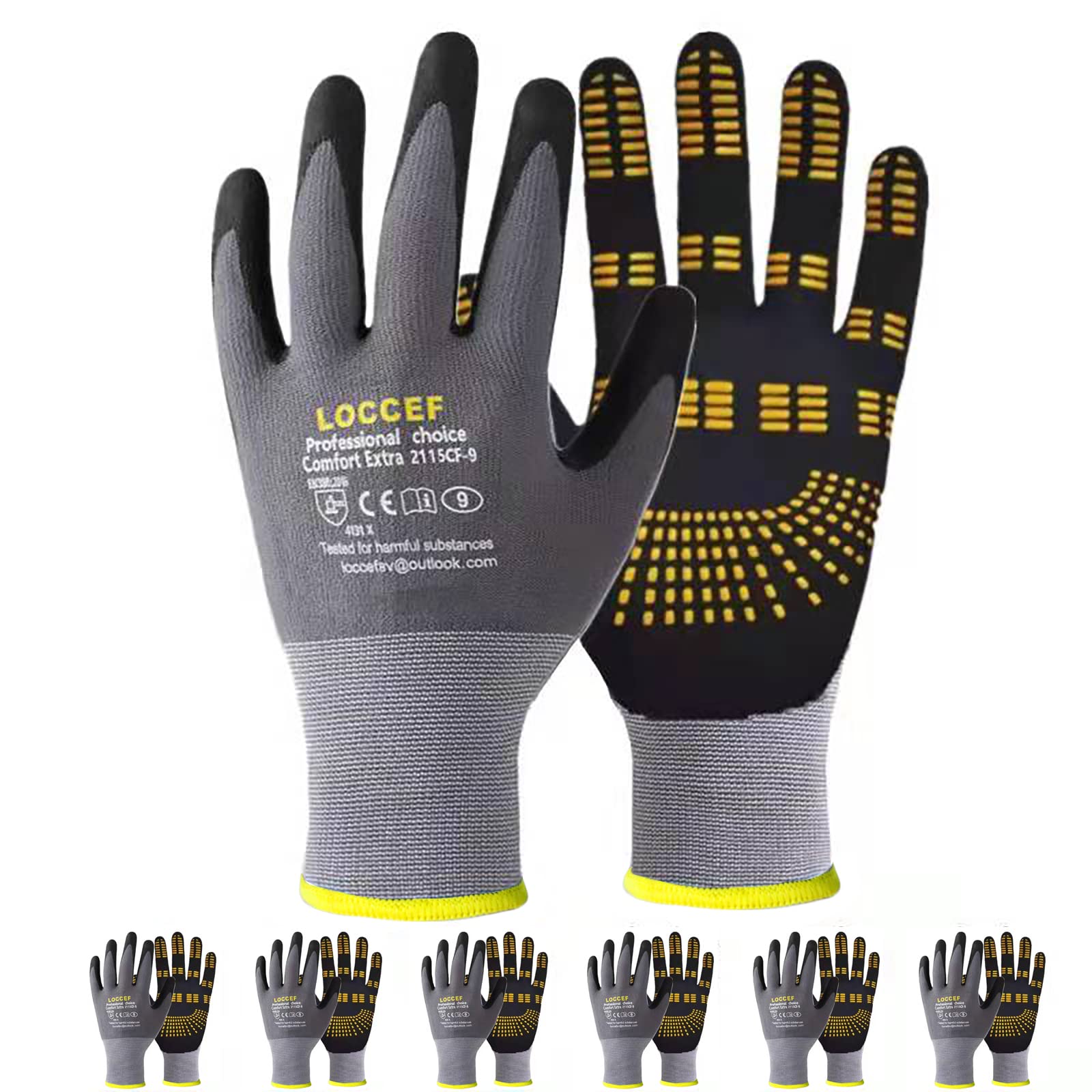 LOCCEF 6 Pairs MicroFoam Nitrile Work Gloves, Yellow Grip Dots (9/L)