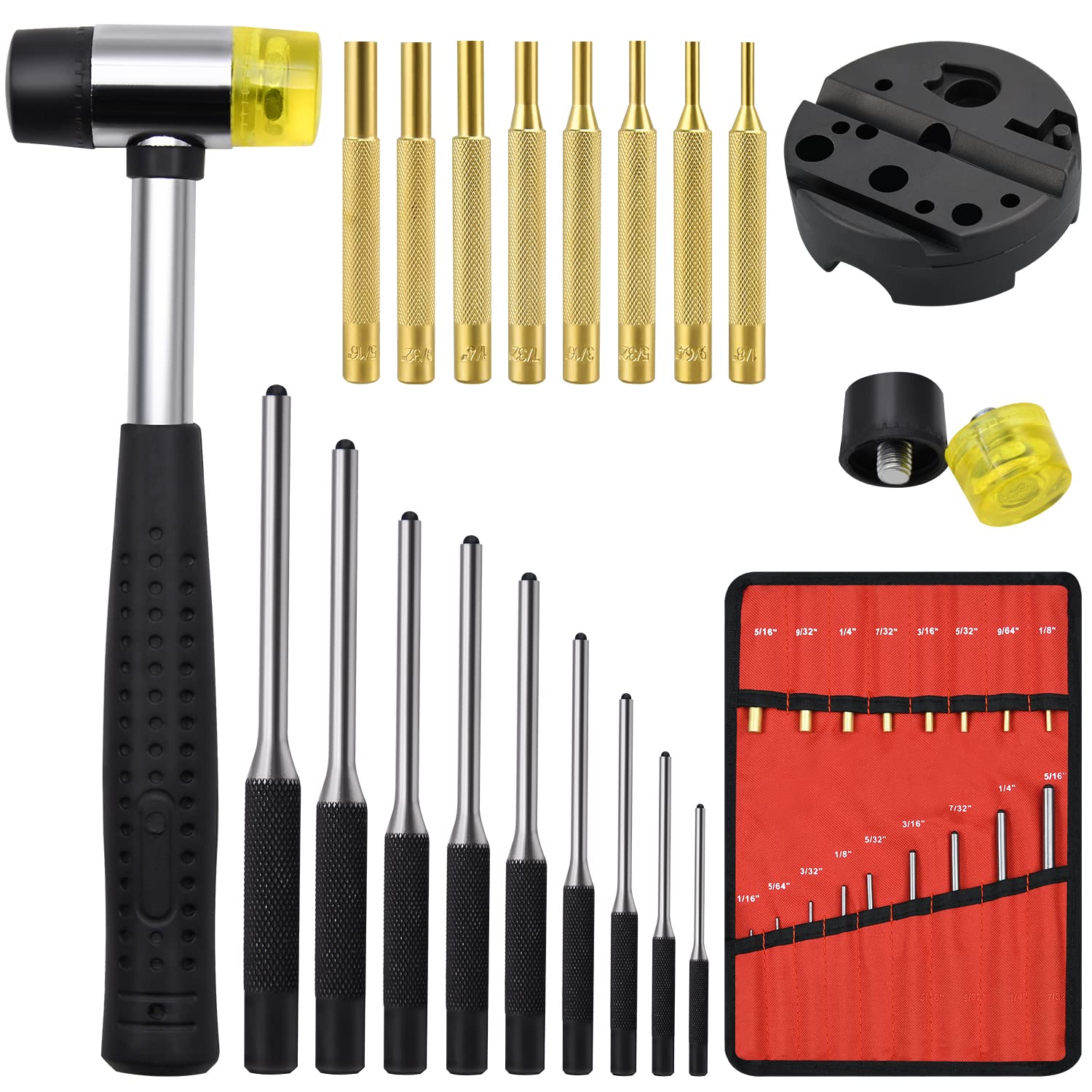 LFSEMINI Pin Punch Set, 22pcs Removing Repair Tools, Including Universal Block, Brass Pin Punches, Steel Pin Punches and Hammer