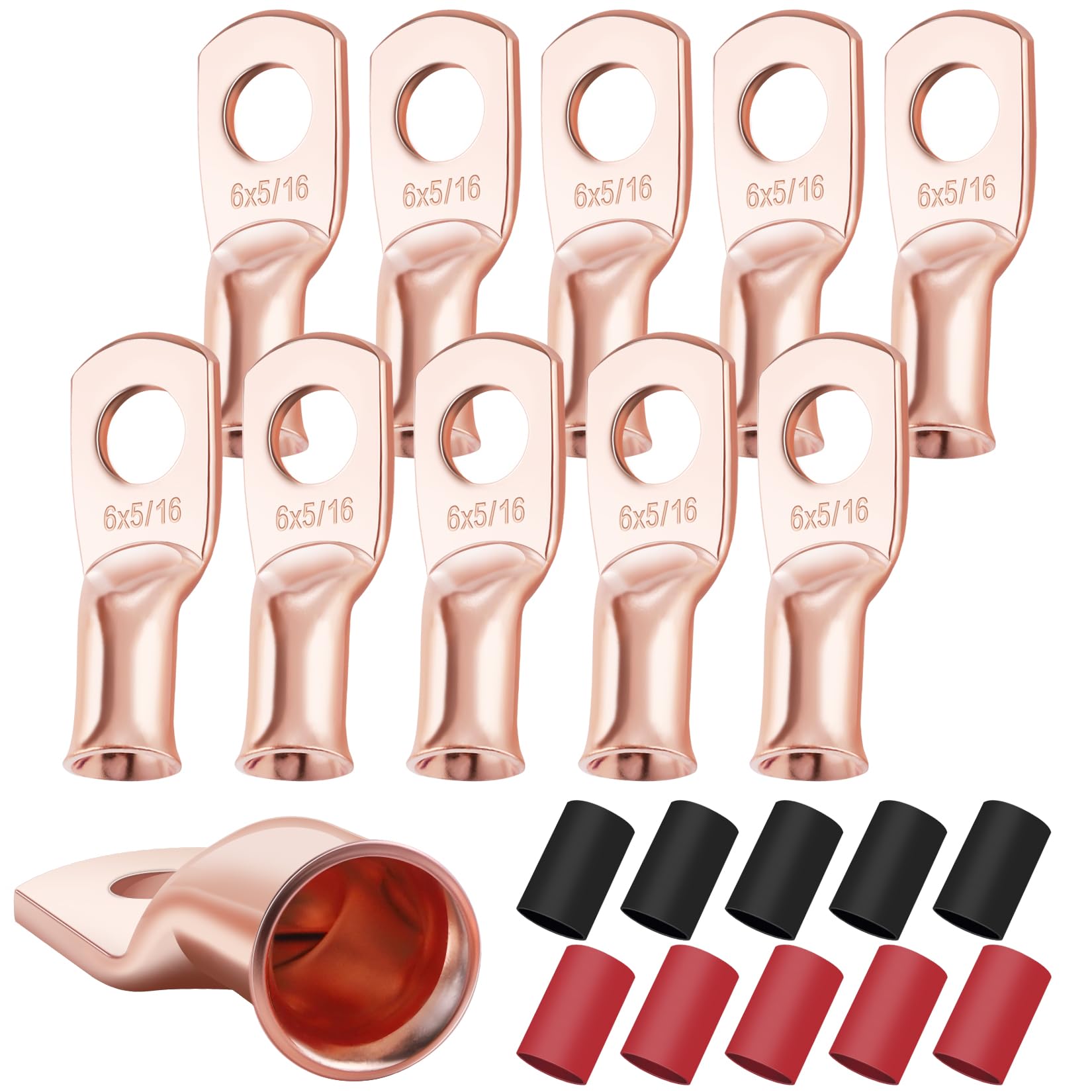 XHF 10PCS 6 AWG-5/16 Heavy Duty Battery Lugs with 3:1 Heat Shrink Tubing(UL Listed), Ring Terminals Battery Cable Ends Copper Eyelets Electrical Battery Connectors