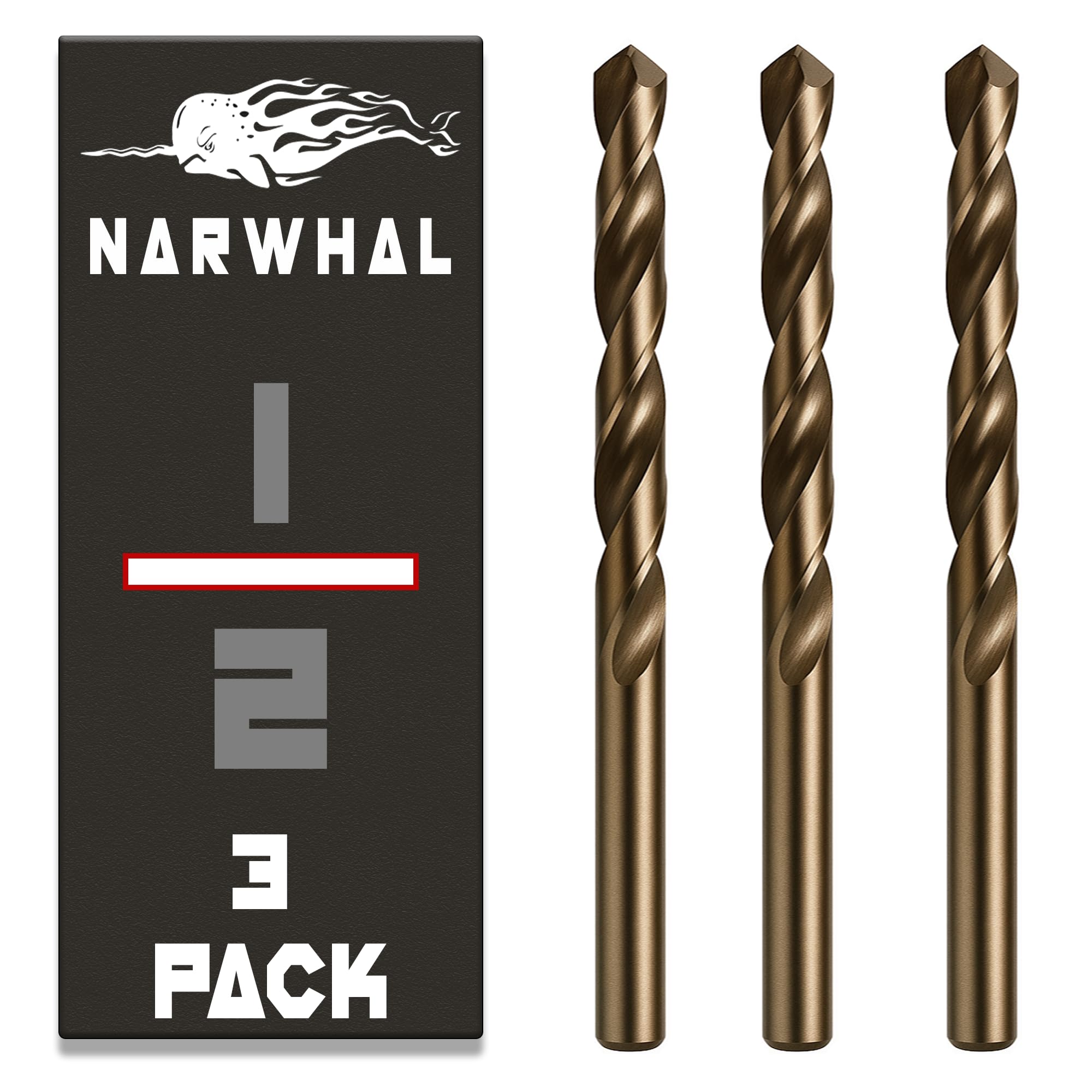 Narwhal 1/2 Inch Cobalt Drill Bits (3 Pack - Industrial Grade M35 Cobalt) 6" Length & 135 Degree Split Point for Drilling Into Metal, Hardened & Stainless Steel, Cast Iron, & More!