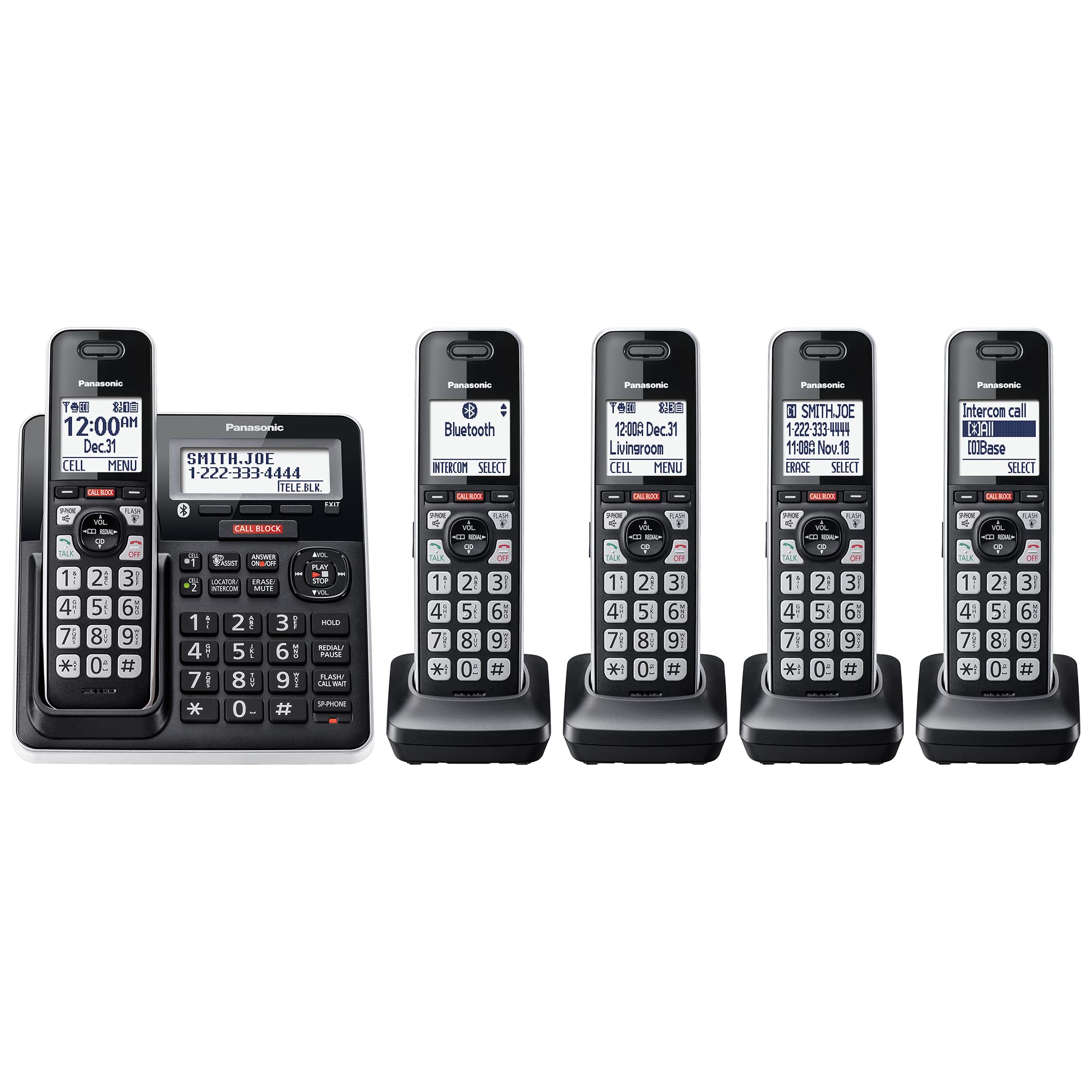 Panasonic Cordless Phone with Answering Machine, Advanced Call Block, Link2Cell Bluetooth, One-Ring Scam Alert, 2-Way Recording, Spam/Robocall Protection & 5 Handsets - KX-TGF975B (Black/Silver Trim)