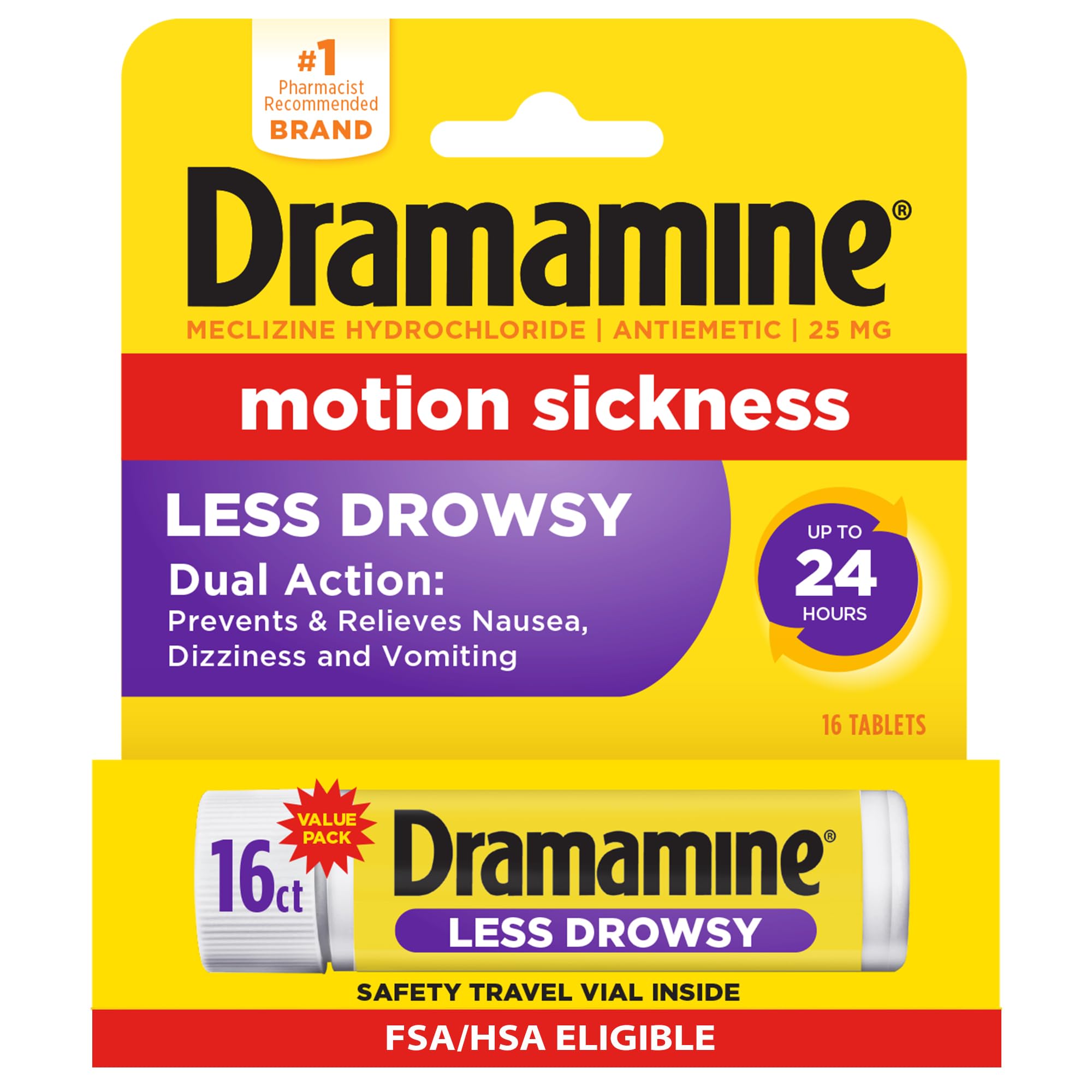 Dramamine Motion Sickness Less Drowsy, for Nausea Relief During Travel, 16 Count
