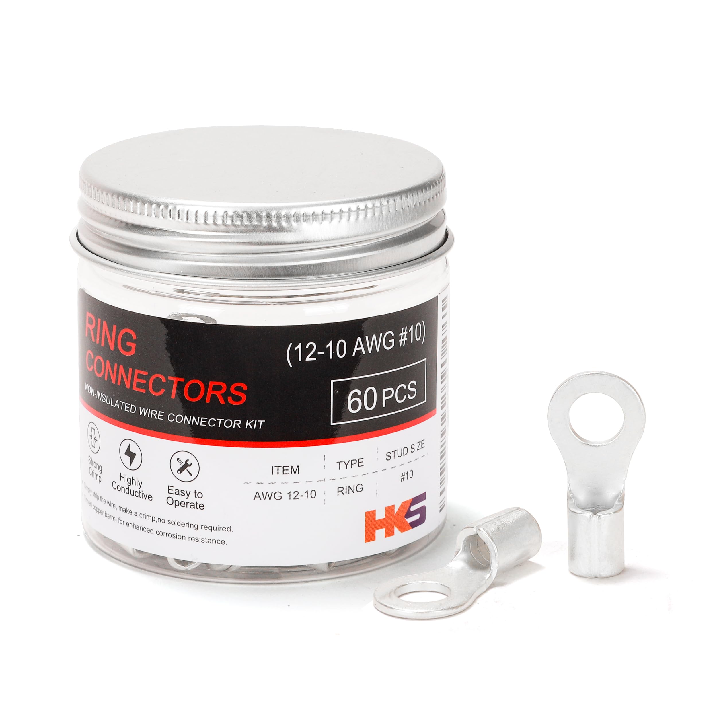 HKS 60PCS Non-Insulated Ring Terminals, #10 Stud, AWG 12-10 (4-6mm²) Tinned Red Copper Crimp Connectors, M5 Bolt Size, Uninsulated Wire Lugs for Electrical Wiring & Automotive Applications