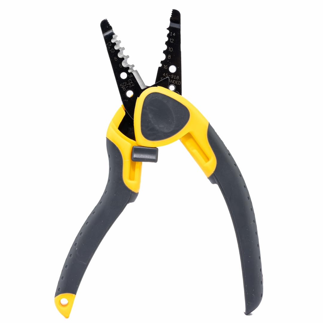 IDEAL Electrical 45-918 Kinetic Reflex T-Stripper - 6-16 AWG, Wire Stripper with Thumb Rest, Plier Nose, Slide Lock, Textured Grips,Black/Yellow