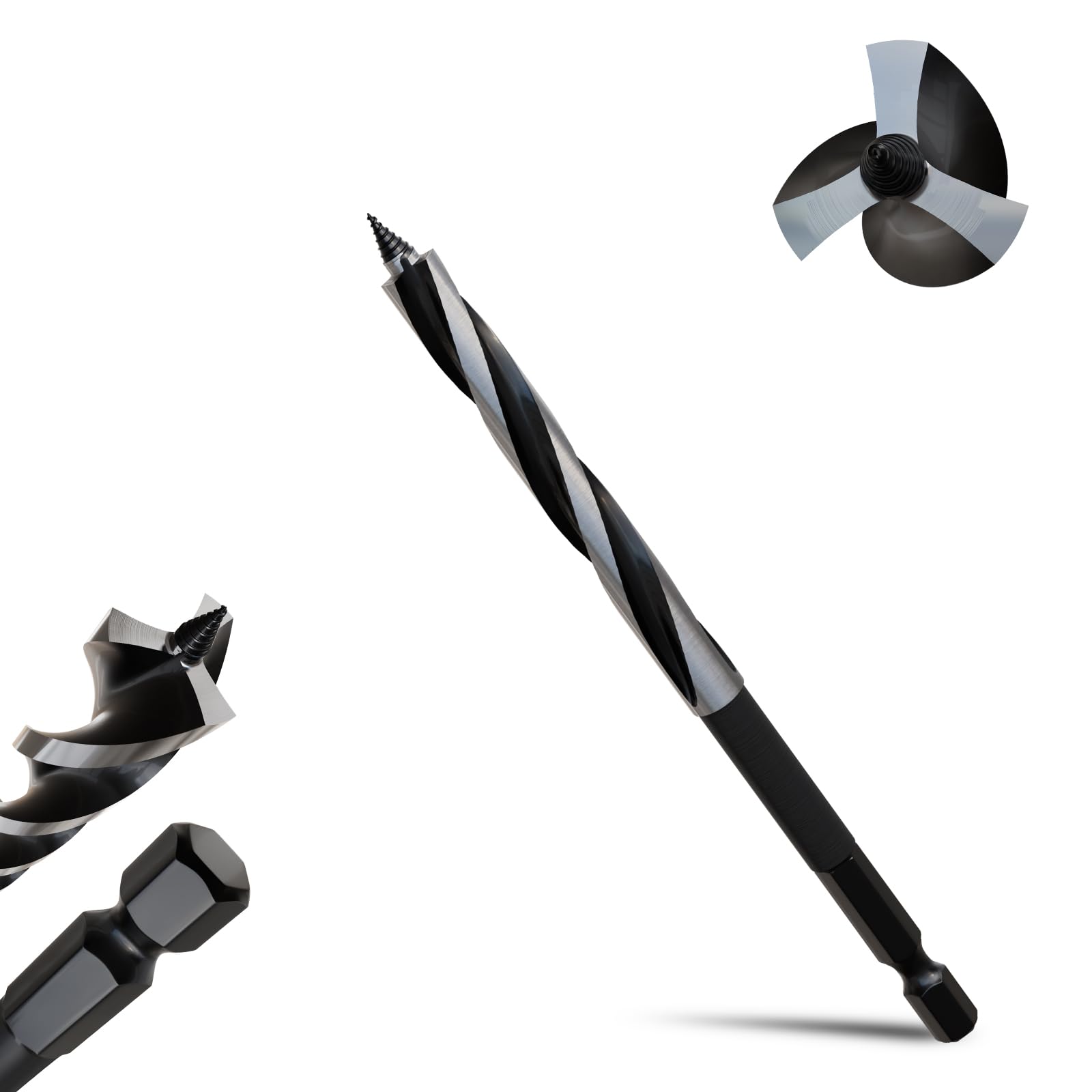 3/8"×6" Professional Auger Drill Bit for Wood with Quick Change 1/4" Hex Shank- 3-Cutter Design with Dual-Flute for Fast Chip Removal, Fits Hardwood, Softwood, PVC, Drywall & Tree Stumps