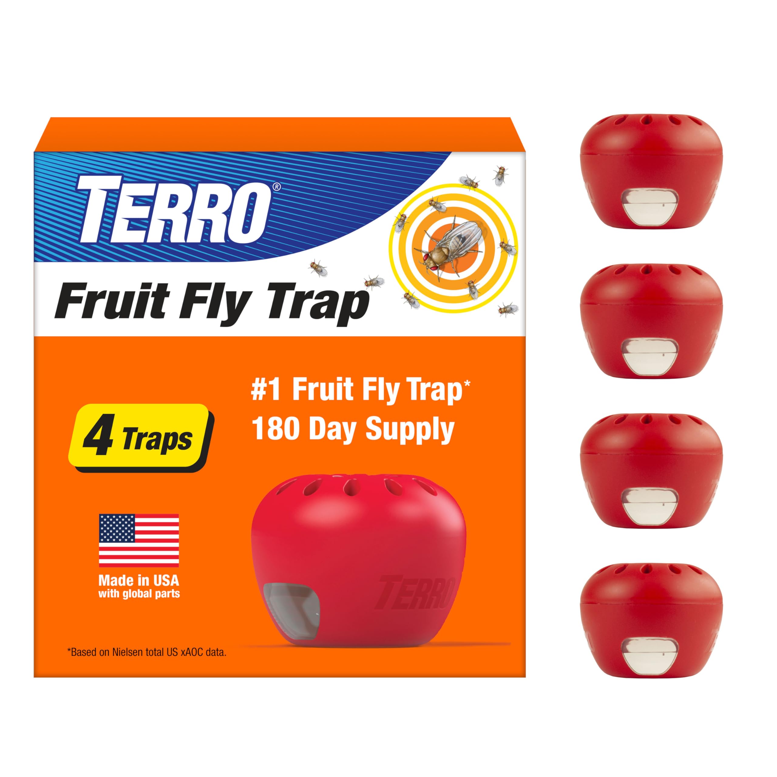 TERRO Fruit Fly Trap 4-Pack, 180 Day Lure Supply, Food-Based Lure