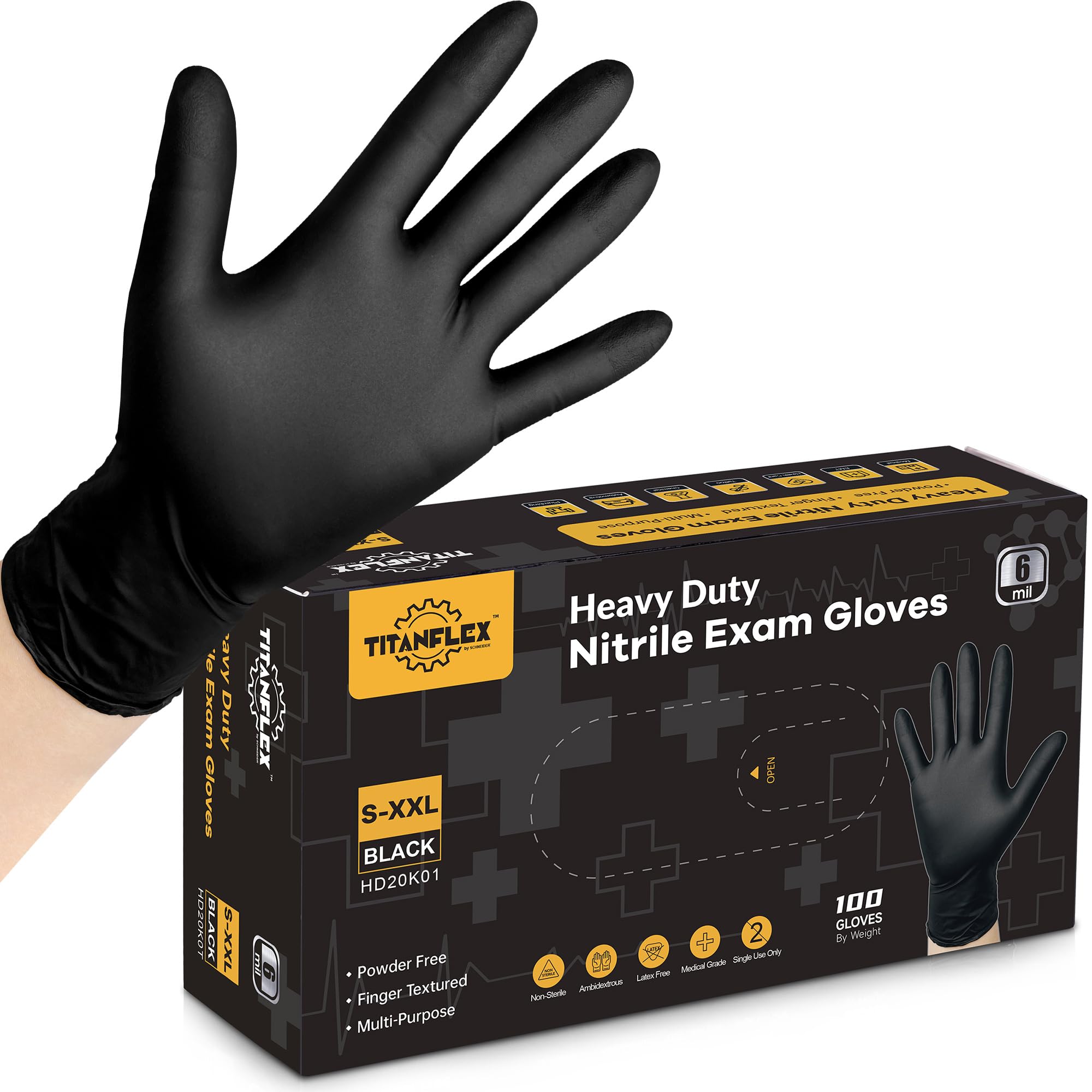 TitanFlex Disposable Nitrile Exam Gloves - 6-mil, Black, Medium 100-ct Box, Heavy Duty, Latex Free, Food Safe for Cooking & Food Prep(M)
