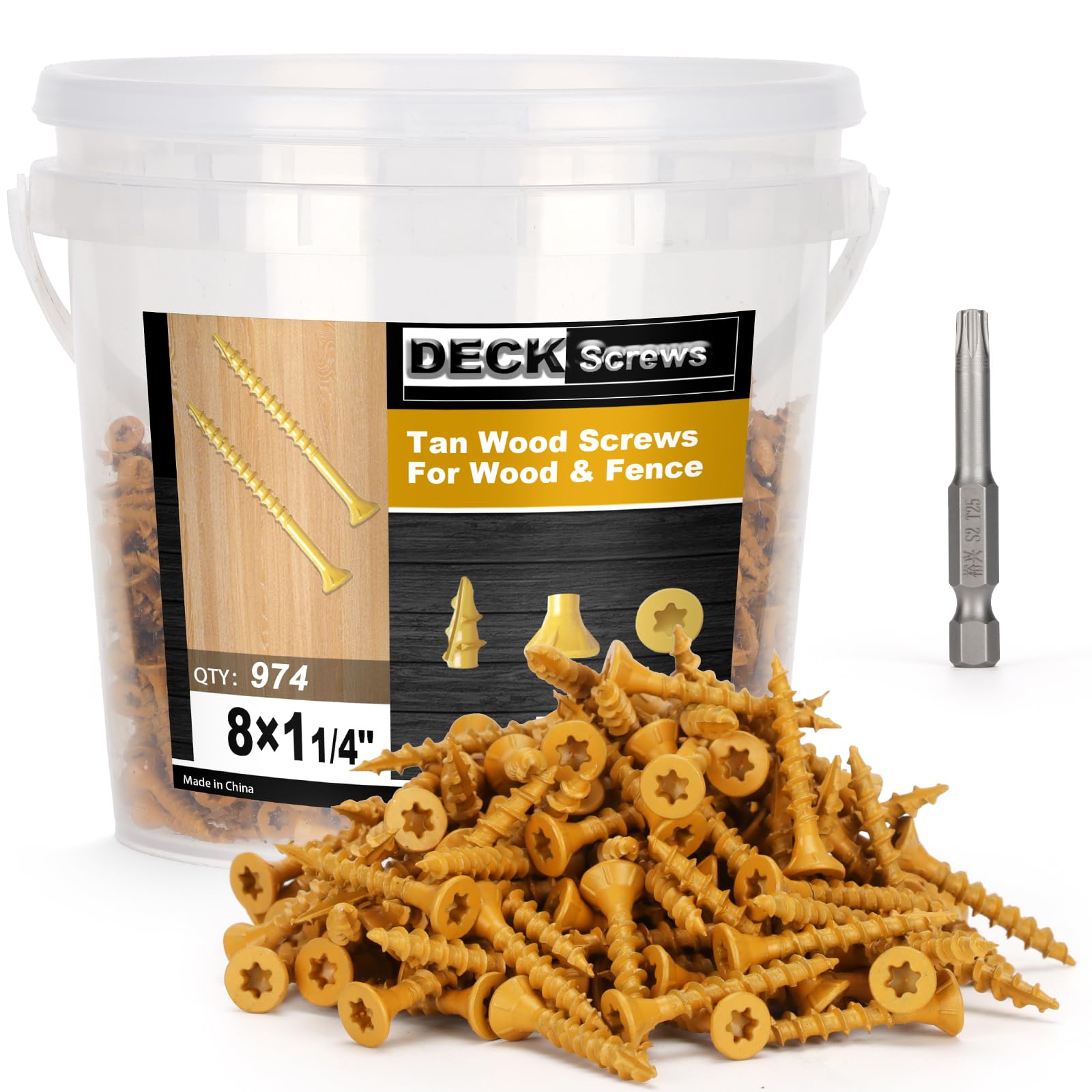 Bobibbi Deck Screws #8 x 1-1/4’’, T25 Star Torx Drive Flat Head Wood Screws, Tan, 5lb