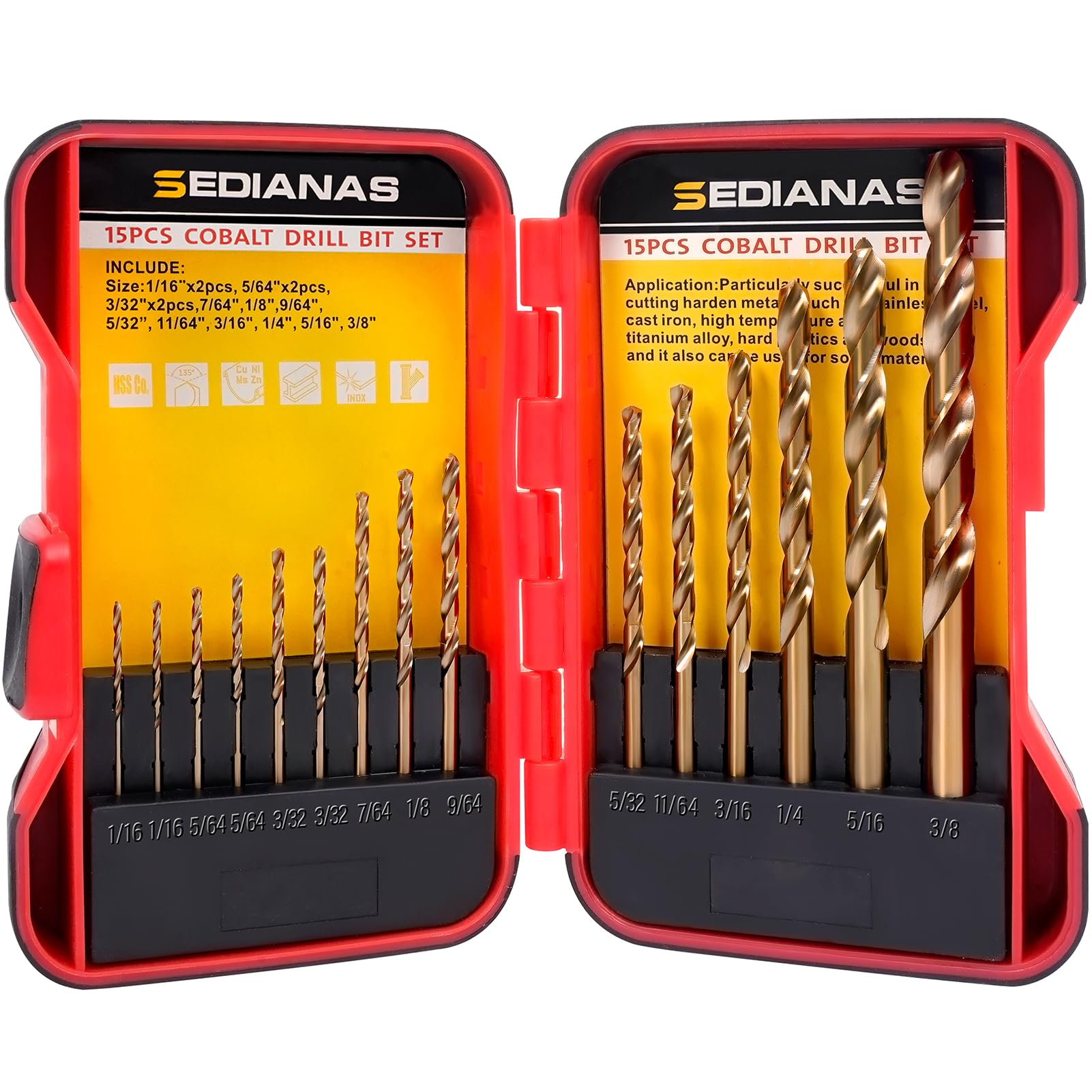 Cobalt Drill Bit Set - 15Pcs M35 HSS Twist Drill Bits, Straight Shank