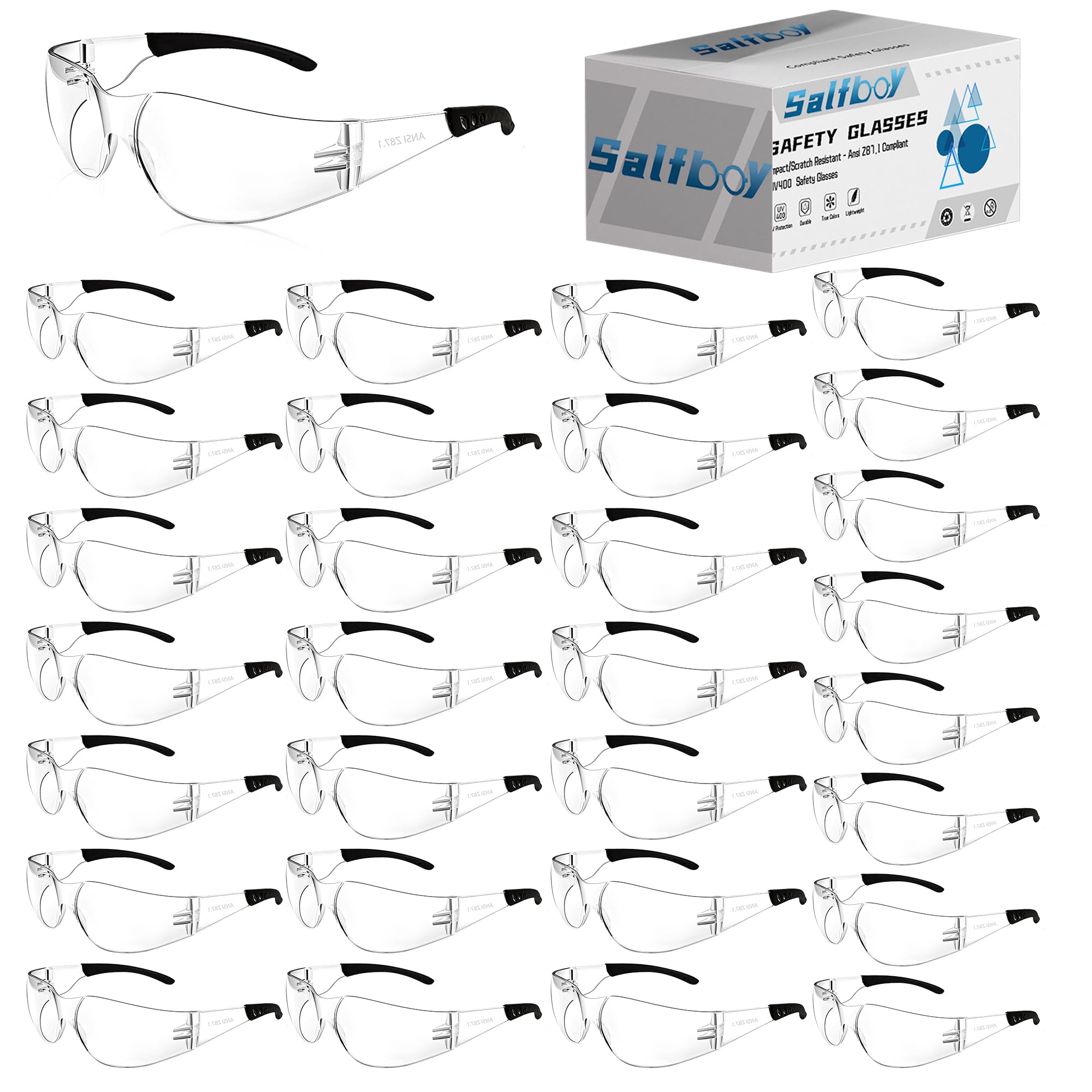 Salfboy Clear Safety Glasses Bulk Ansi Z87.1 Scratch Impact Resistant