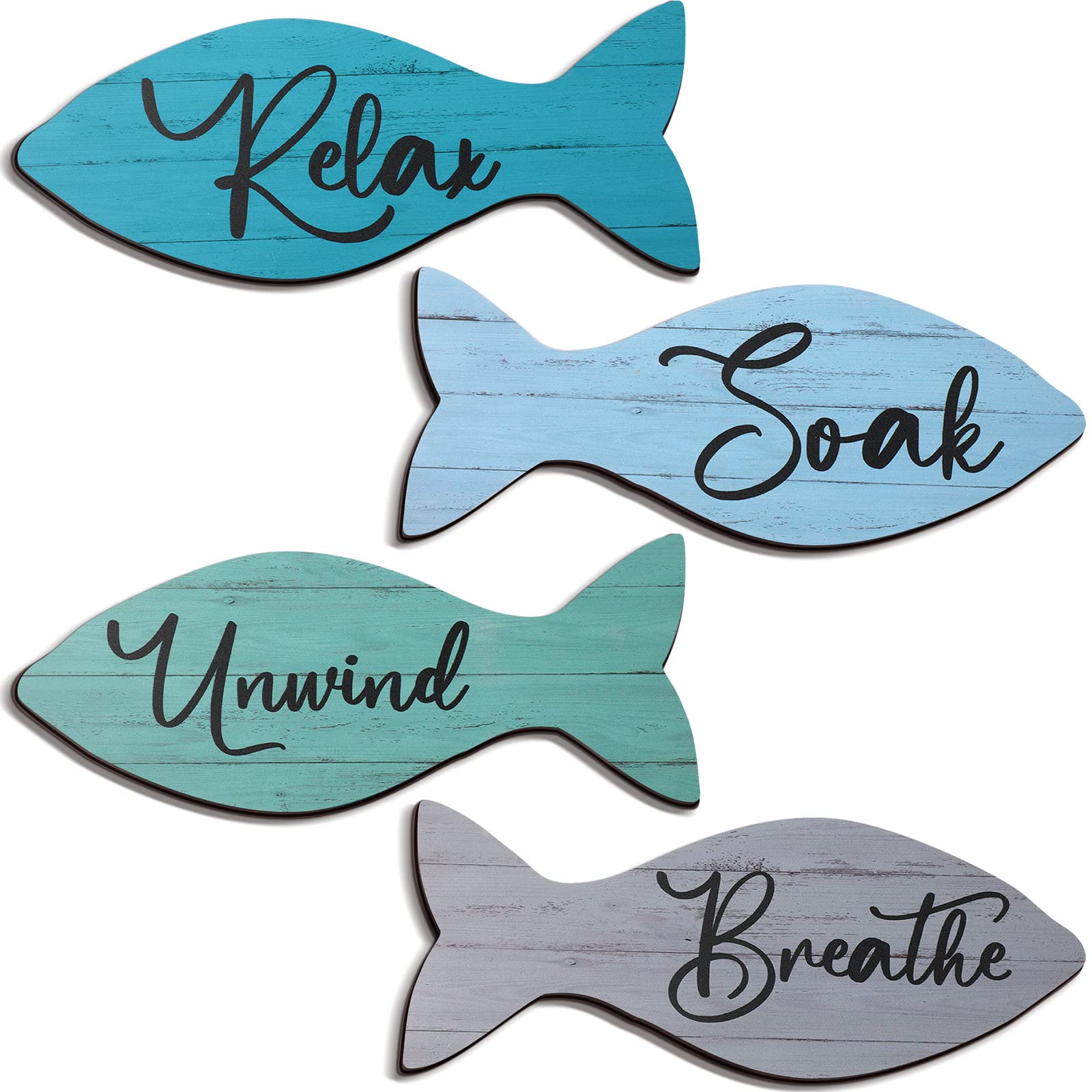4 Pcs Beach Bathroom Wooden Fish Wall Decor Coastal Art Sign Relax Soak Unwind Coastal Wall Fish Summer Decor for Home Spa Bathroom