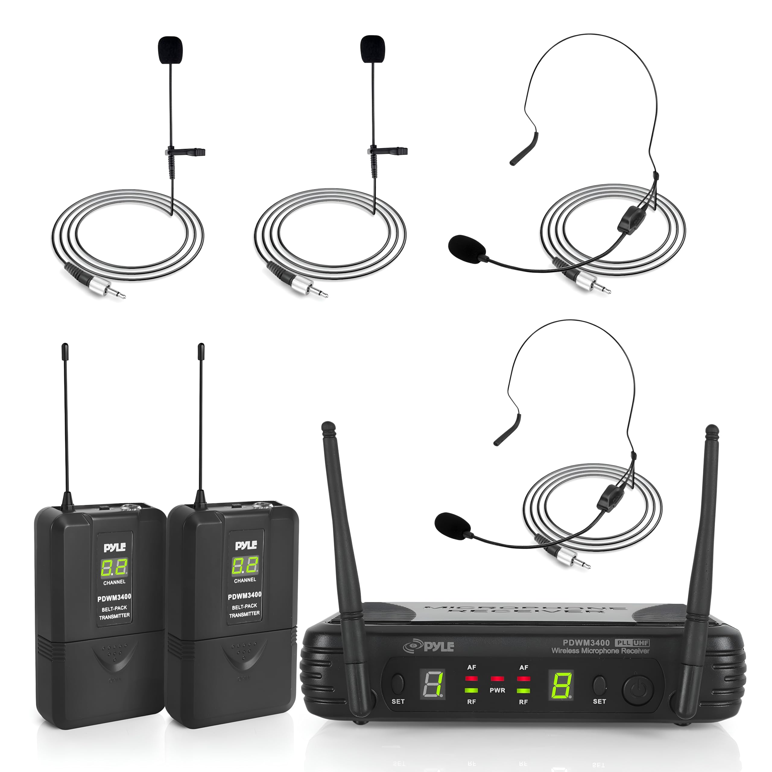 Pyle PDWM3400 UHF mic system 2 body packs 2 head sets