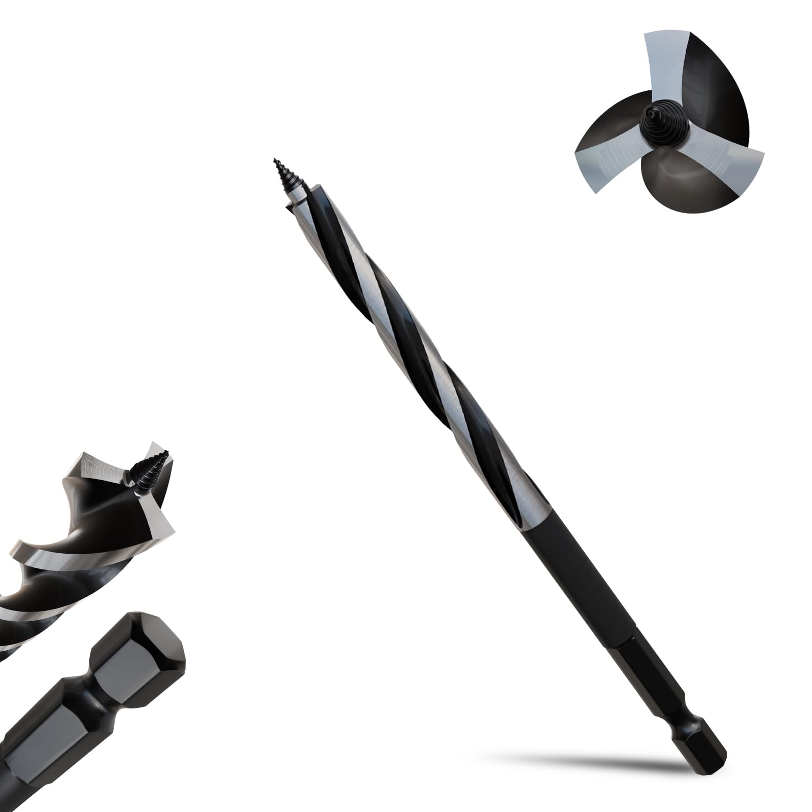 1/4"×6" Professional Auger Drill Bit for Wood with Quick Change 1/4" Hex Shank- 3-Cutter Design with Dual-Flute for Fast Chip Removal, Fits Hardwood, Softwood, PVC, Drywall & Tree Stumps