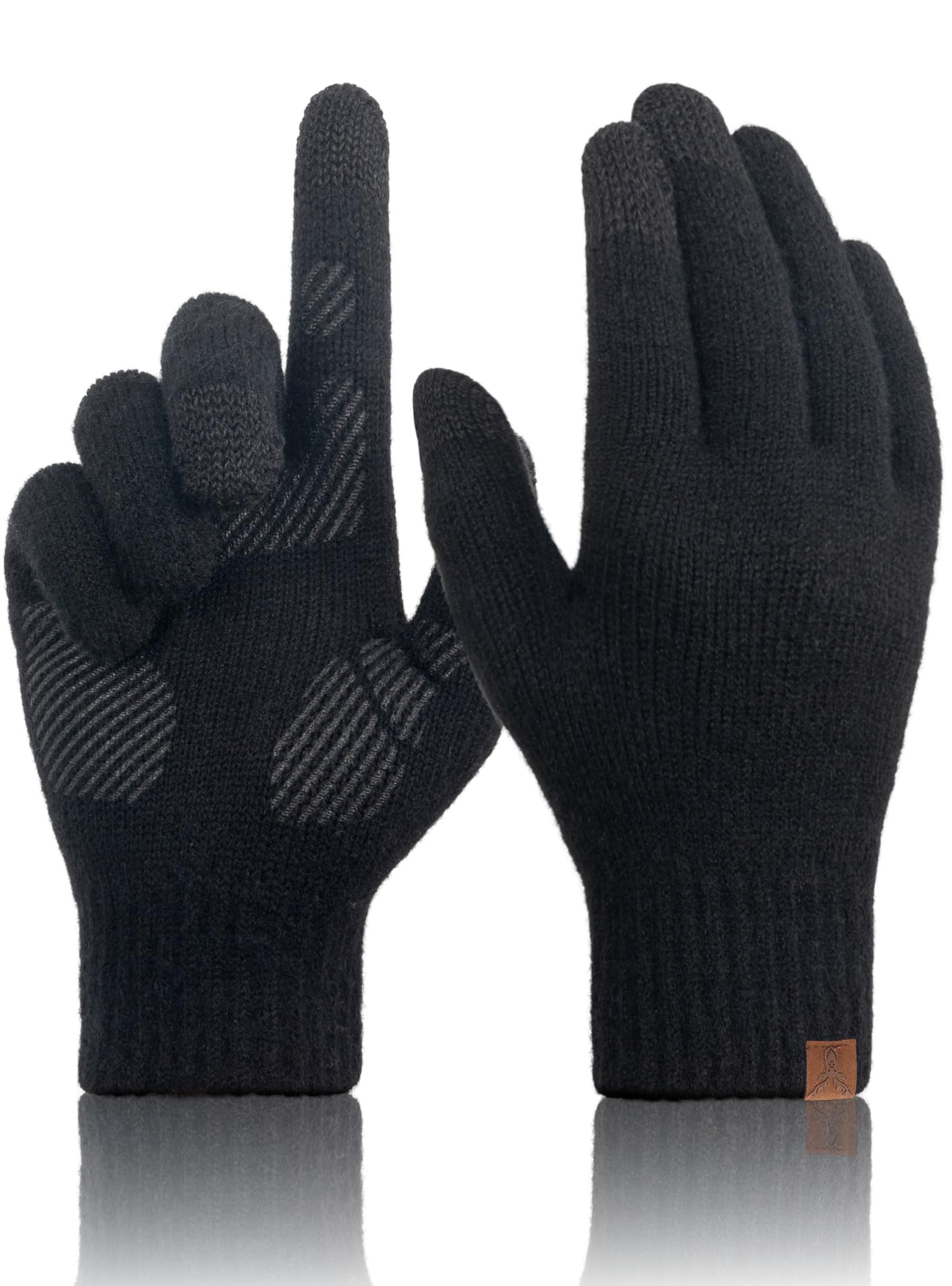 TRENDOUX Winter Wool Gloves for Men: Mens Cold Weather Warm Touch Screen Merino Wool Knit Gloves, Non-slip Thermal Fleece Glove for Outdoor Driving Running Hiking Adult Gift Large Size BLACK