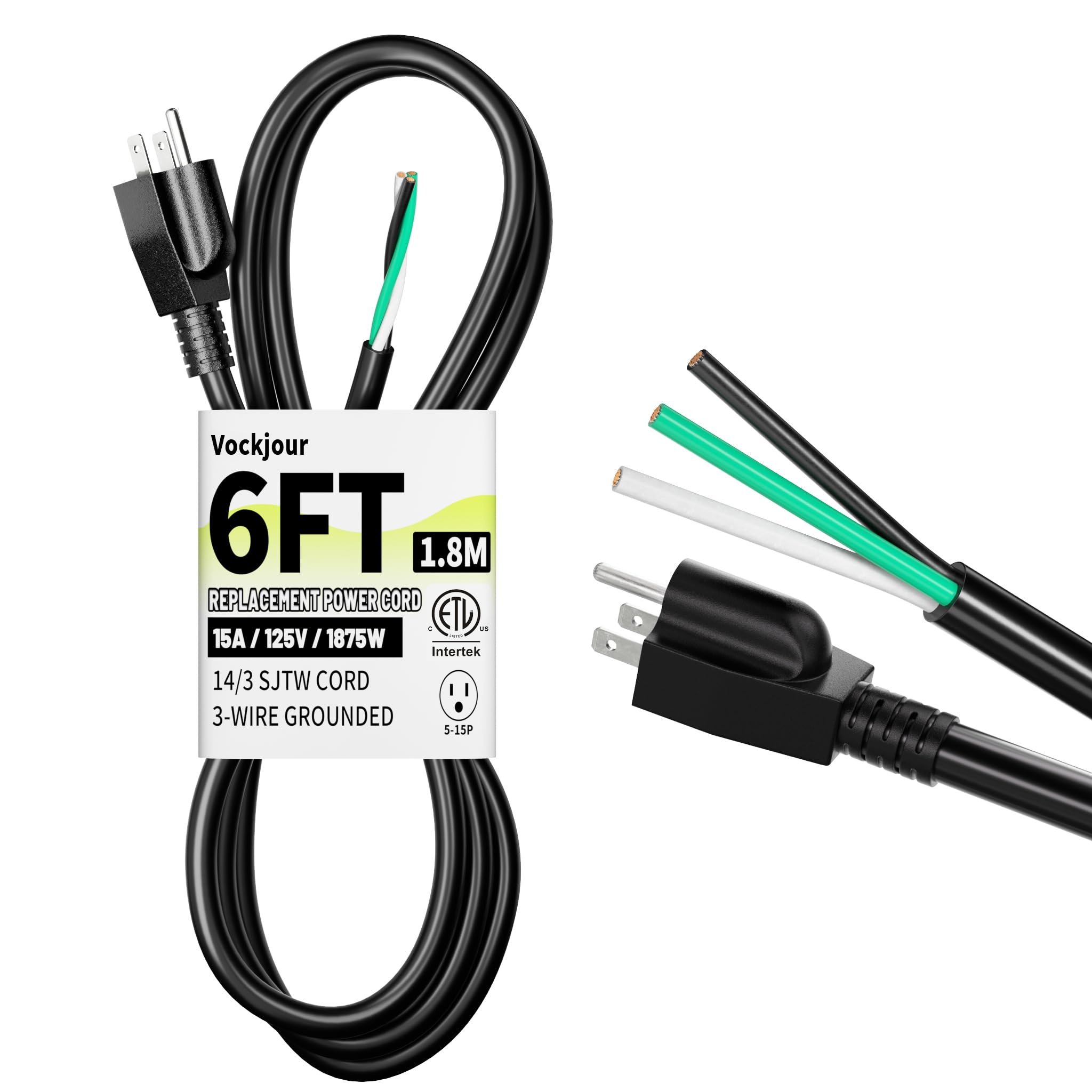 Vockjour 6 ft 14/3 Pigtail Replacement Power Tool Cord, NEMA 5-15P Black
