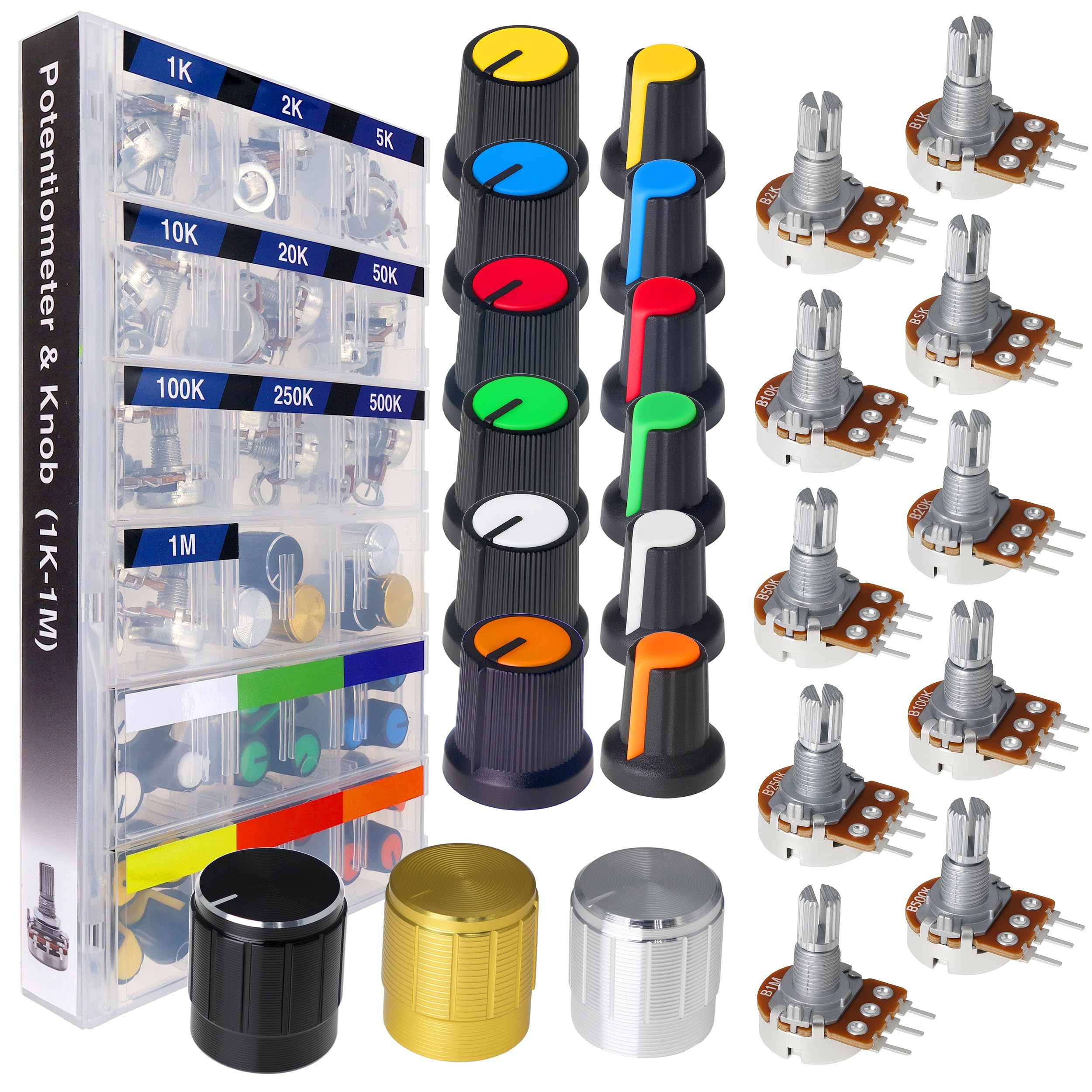 EEEEE 84pcs WH148 Potentiometer Kit 1K 2K 5K 10K 20K 50K 100K 250K 500K 1M K Ohm 15mm Shaft Single-Joint Linear Potentiometers 3Pins Set Variable Resistors with Knob Plum Cap Aluminum Alloy Knobs