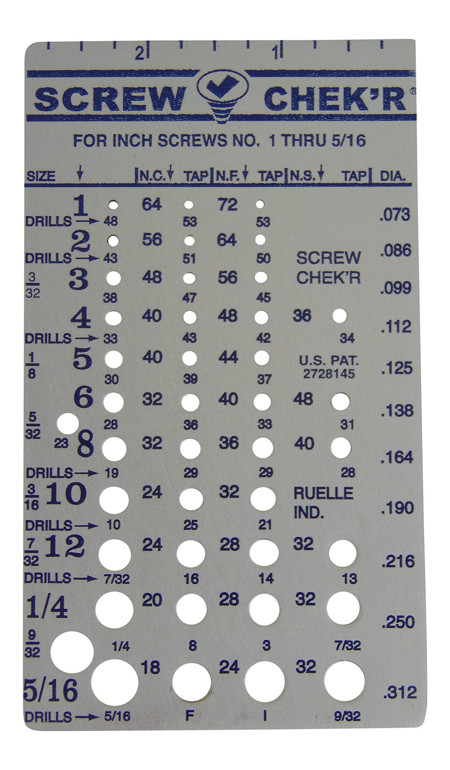 Ruelle Screw Chek'r SAE/Inch - Size Gauge No. 1-5/16 - 1/8" Heavy Gauge Steel - Made in USA