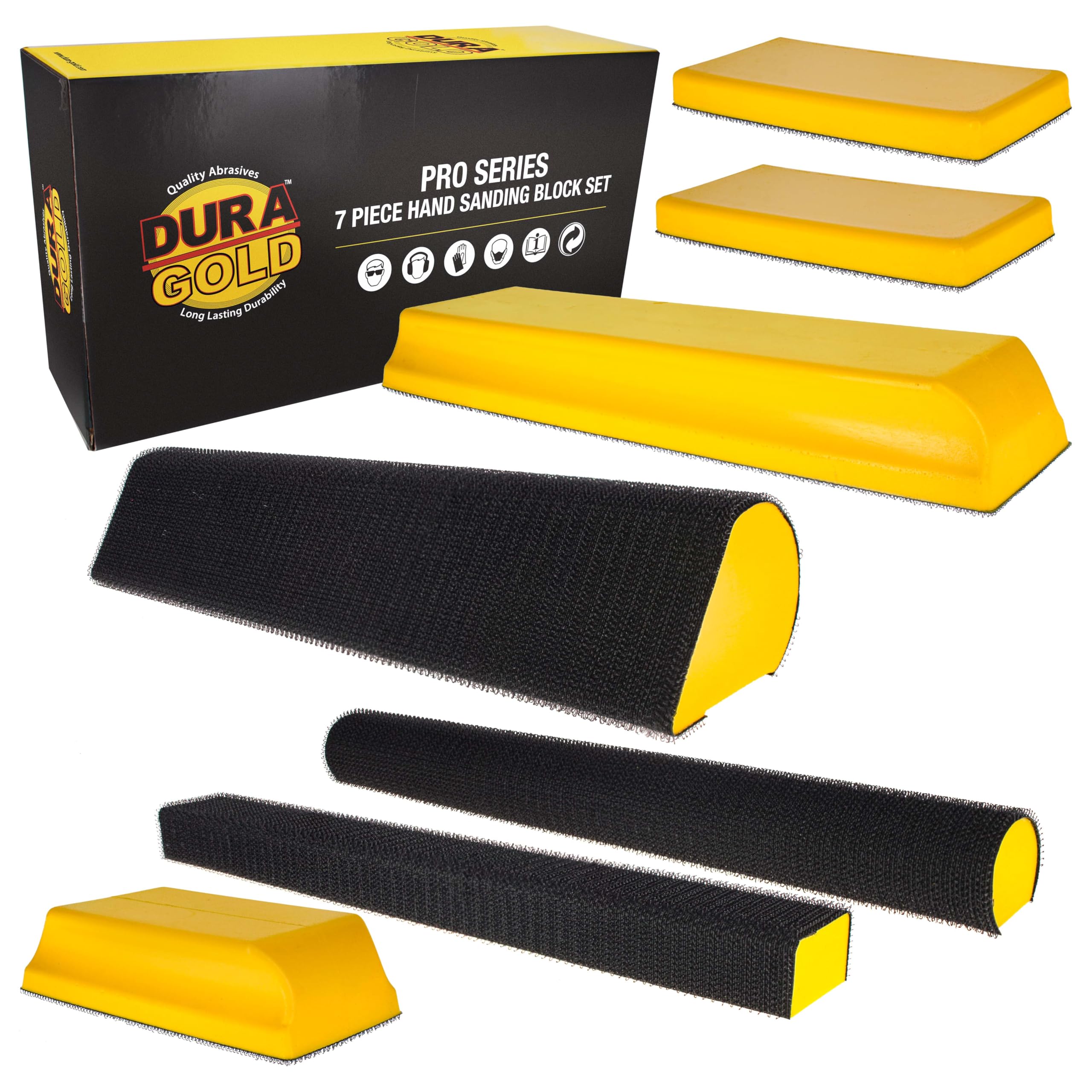 Dura-Gold 7-Piece Hand Sanding Block Set - 5" to 10-3/4" Long, Handheld Hook & Loop Sander Pads - Rectangle, Flat, Round, Curved, Contoured Shapes - Sand Wood Woodworking, Auto Body Paint & Detailing