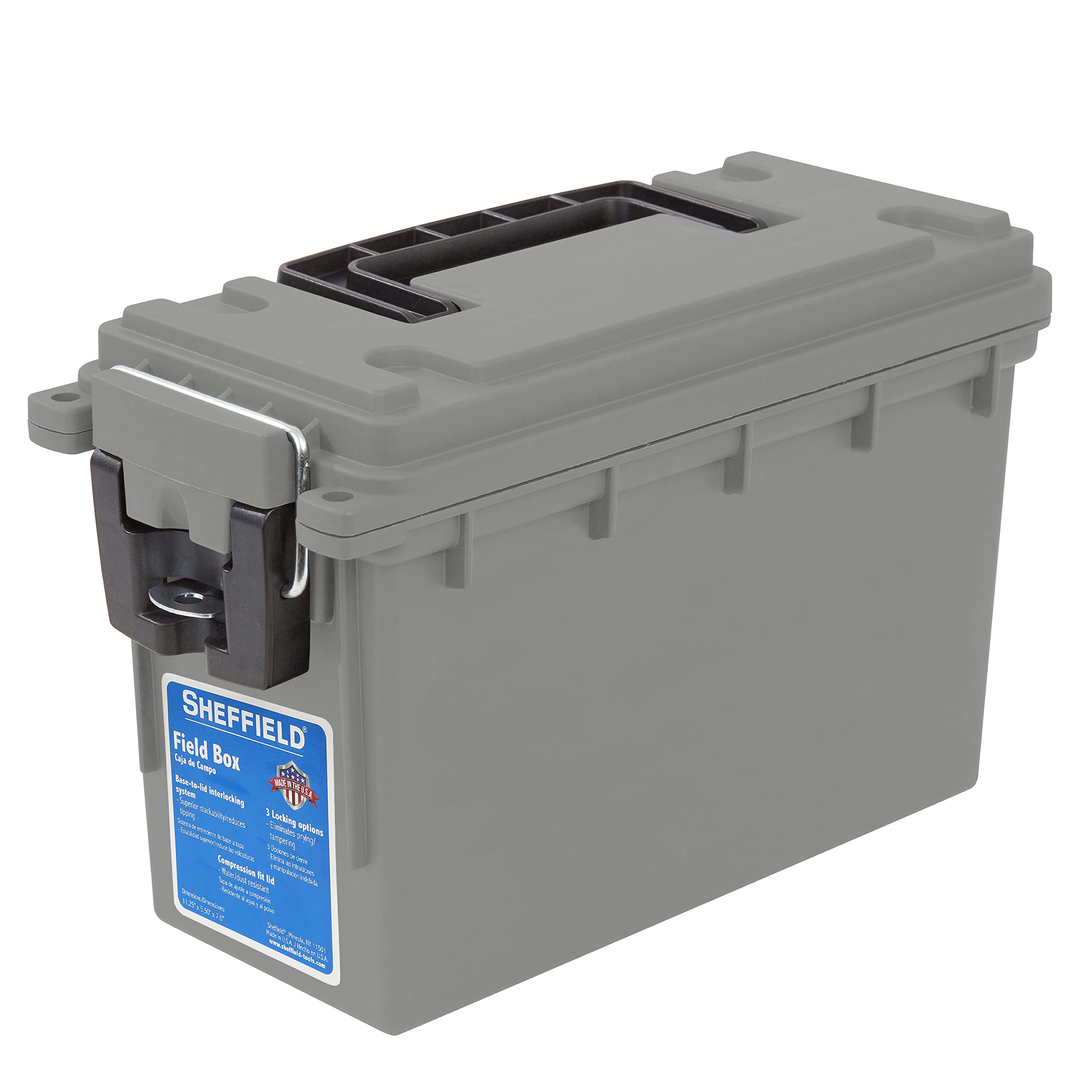 Sheffield 12628 Ammo Storage Box, Stackable .30 Cal Field Boxes, Water and Dust Resistant, Lockable Storage Box with Handle, Secures Hunting Gear, Supplies, and Bullets, Made in USA, Gray, 1-Pack