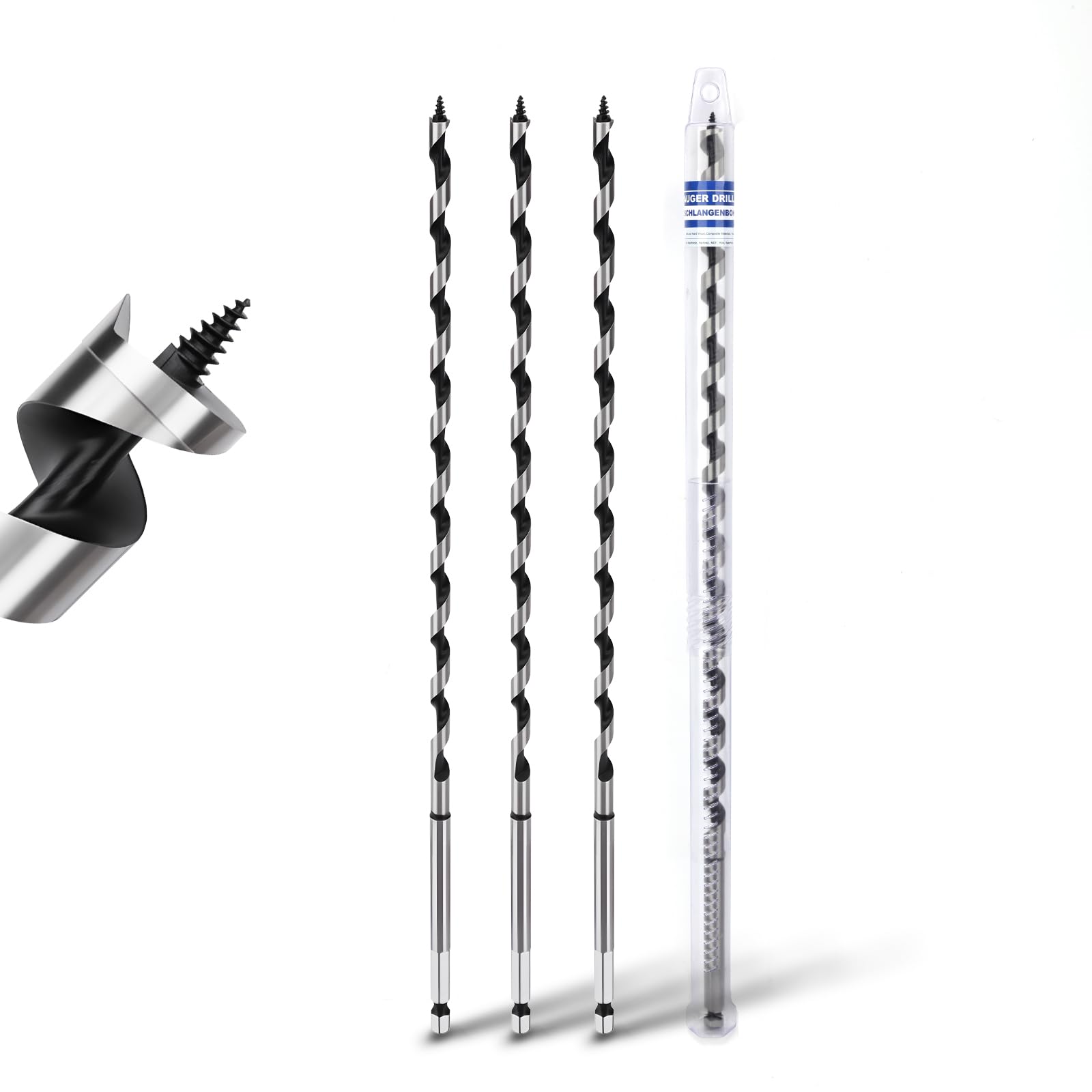 3 Pack 1/4" X 11.8" Auger Bit for Wood, 6x300mm Hex Long Auger Drill Bit