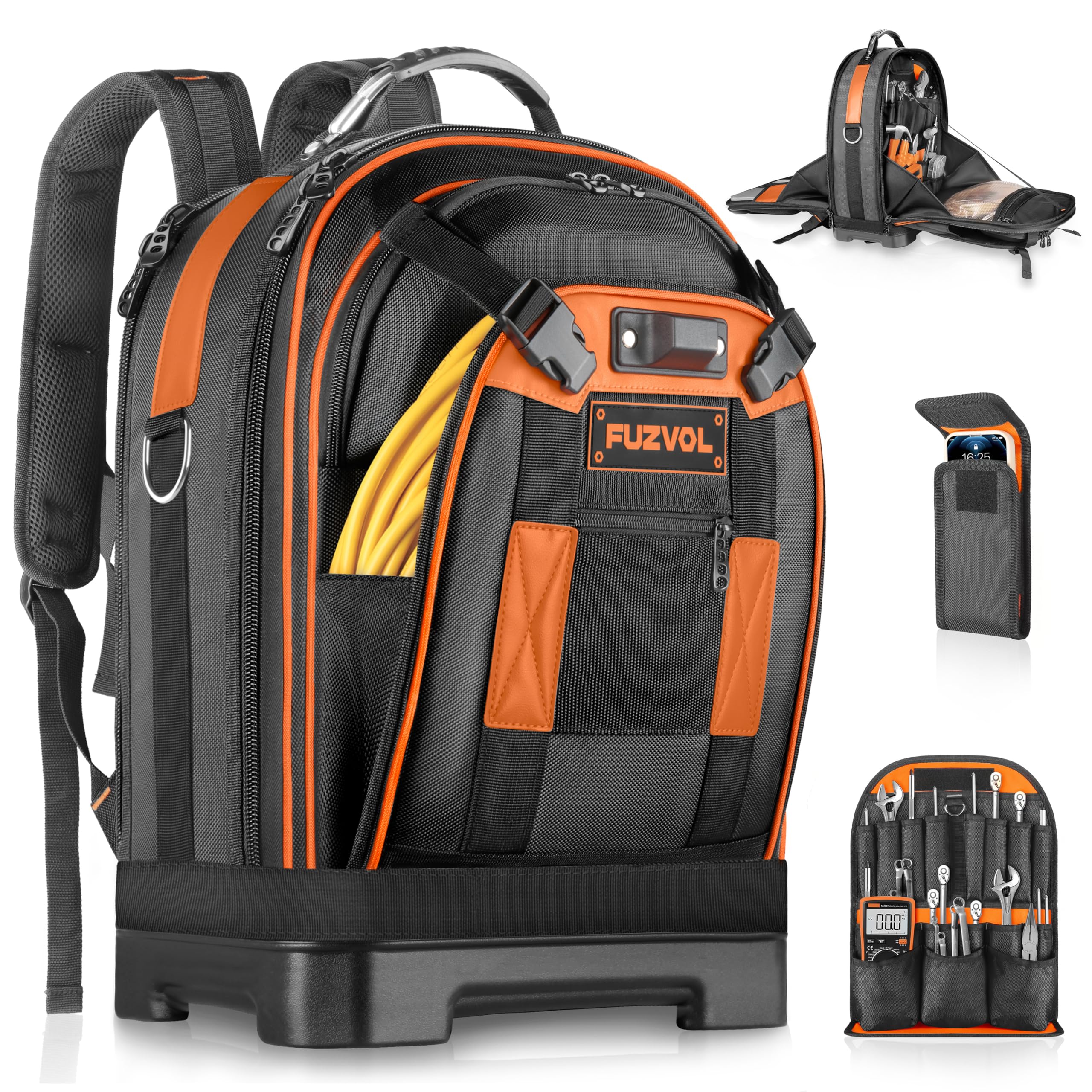 FUZVOL Heavy Duty Tool Backpack, 18-Inch Hard Shell Electrician Tool Bag, Full-Open Work Bag with Molded Base, Removable Tool Organizer, Laptop Compartment, HVAC Construction Backpack for Men, Orange