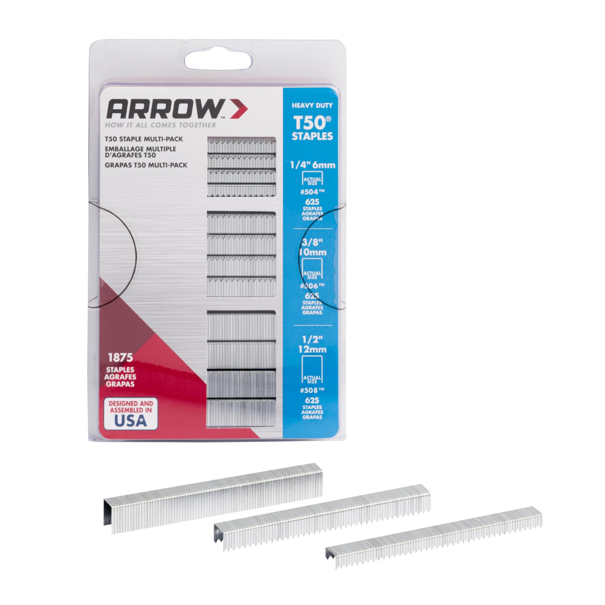 ARROW 50MP T50 Heavy Duty Staples Multipack, Staples for Upholstery, Crafts, General Repairs, Includes 1/4", 3/8" and 1/2" Sizes, 3/8" Crown Size, 1875-Pack