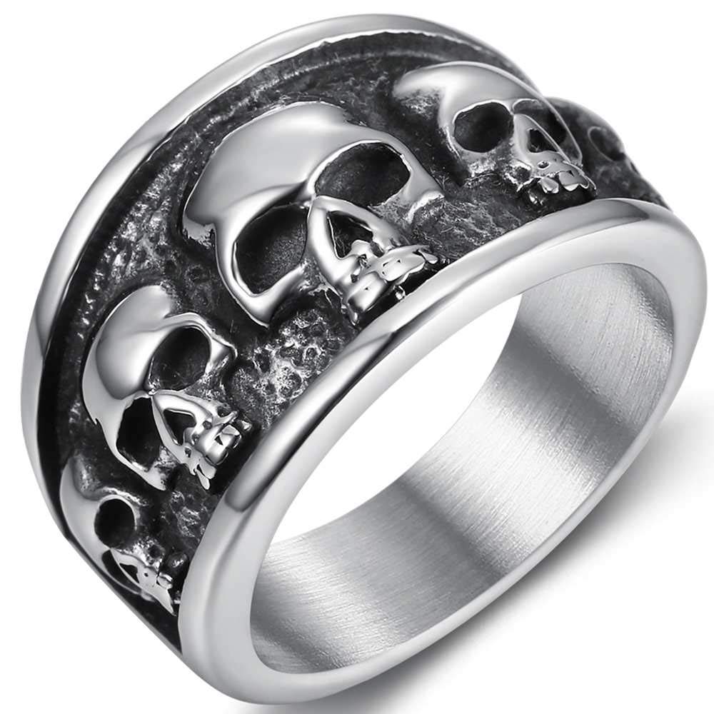 JUDE Retro Vintage Stainless Steel Gothic Death Skull Skeleton Cocktail Party Biker Statement Halloween Ring (Silver, 11.5)