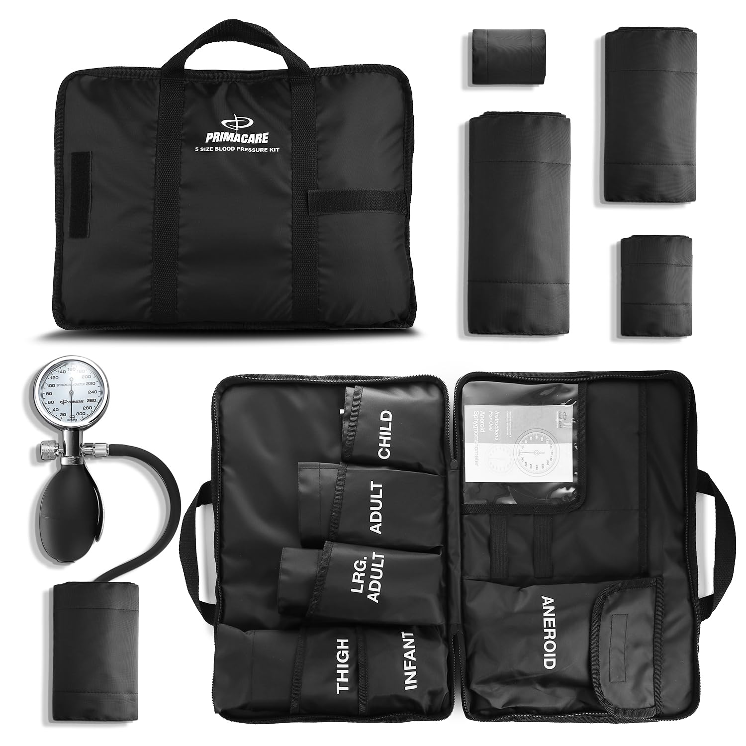 Primacare DS-9185 Aneroid Sphygmomanometer and Blood Pressure Cuff Set with Portable Case, 5 Sized Nylon Cuffs with Deflation Valve, BP Cuff Manual Kit for Infant, Child, Adult, Large Adult, Thigh
