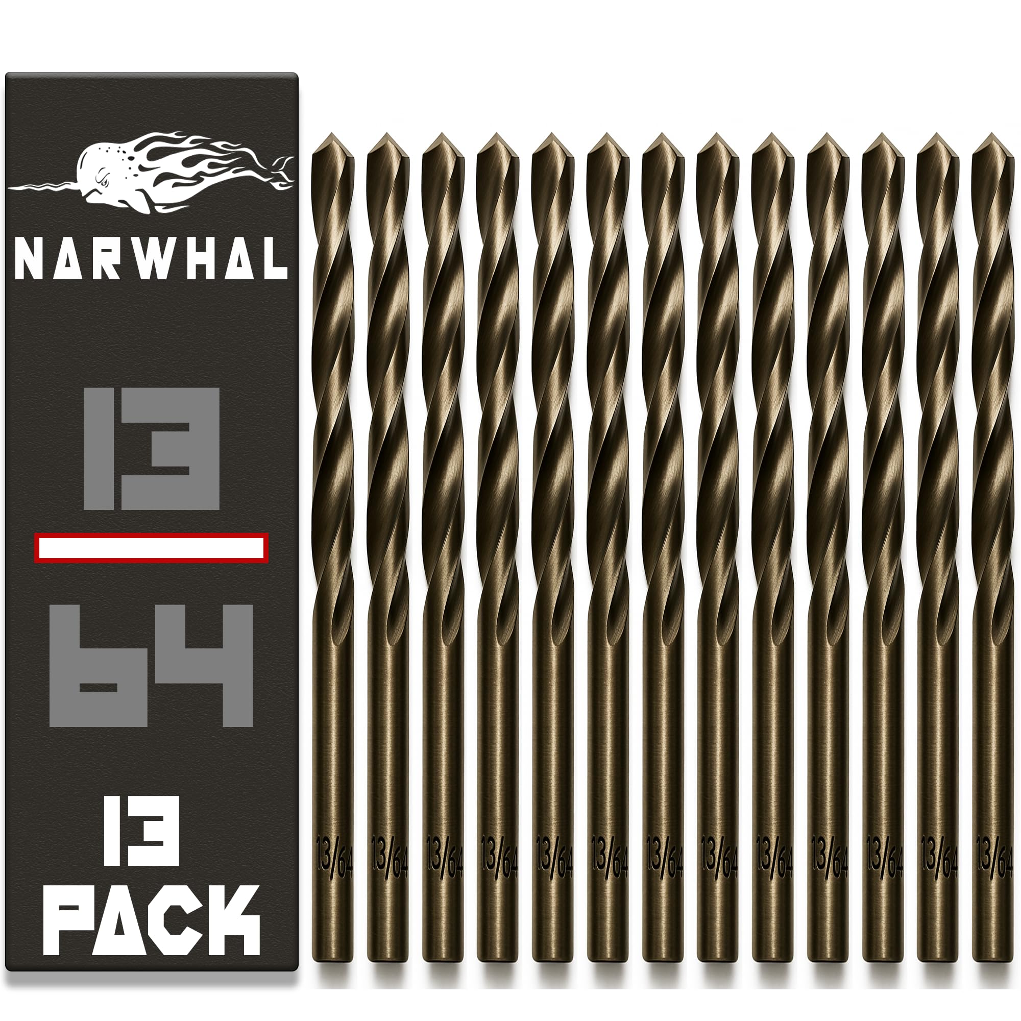 Narwhal 13/64" Inch Cobalt Drill Bits (13 Pack - Industrial Grade M35 Cobalt) 3-1/2" Inch Length & 135 Degree Split Point for Drilling Into Metal, Hardened & Stainless Steel, Cast Iron, & More!