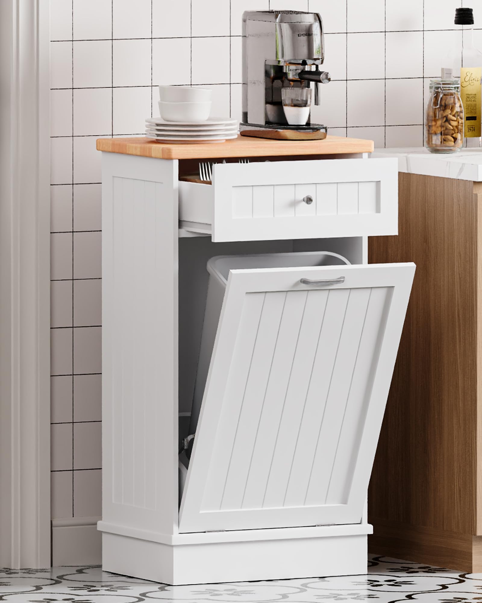 Betterhood 10 Gallon Tilt Out Trash Cabinet with Big Storage Drawer, Solid Wooden Trash Garbage Can Cabinet, Mid-Century Modern Recycling Cabinet & Laundry Sorter for Kitchen Dining Room, White