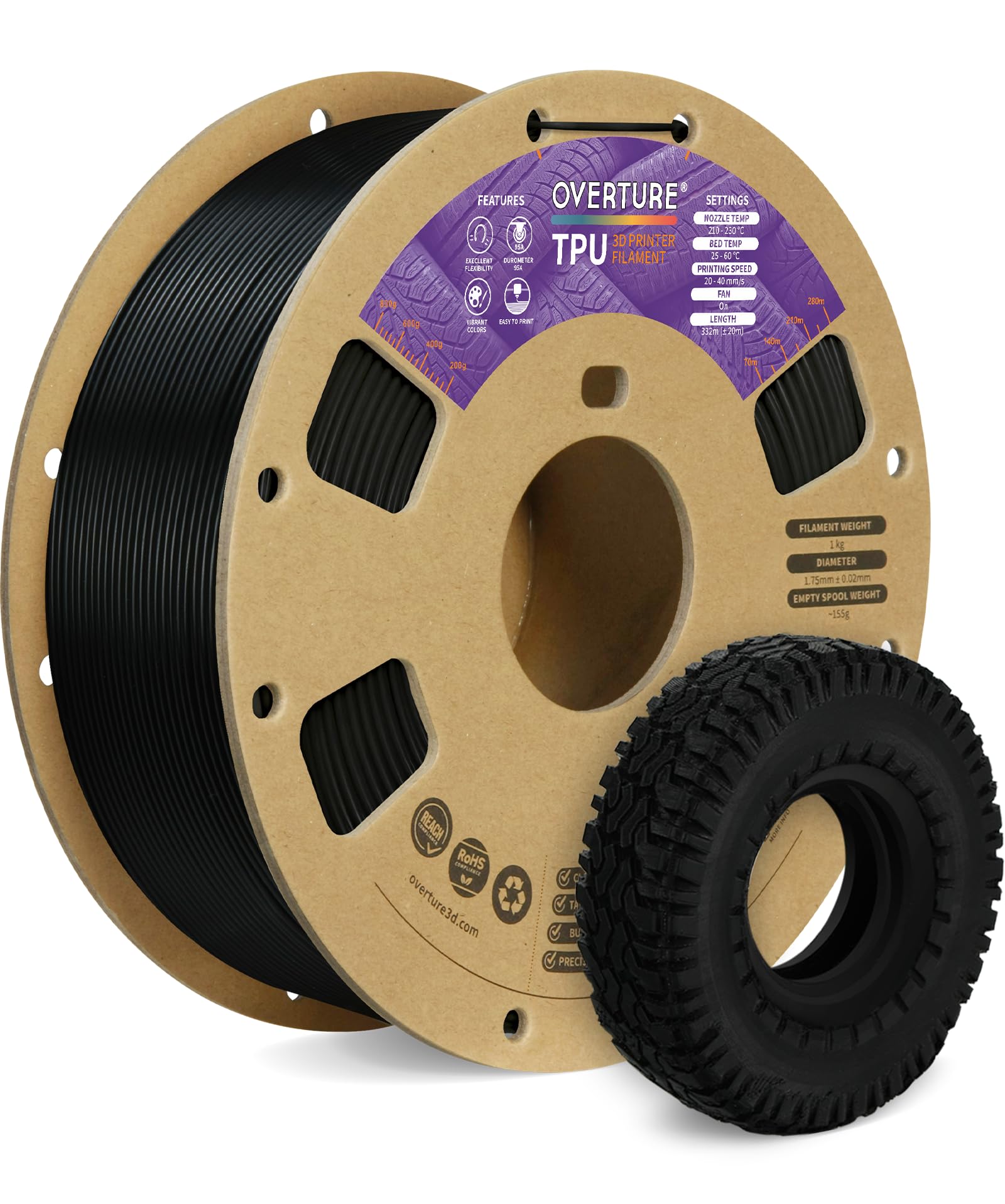 OVERTURE TPU 95A Flexible 3D Printer Filament 1.75mm, 1kg Black