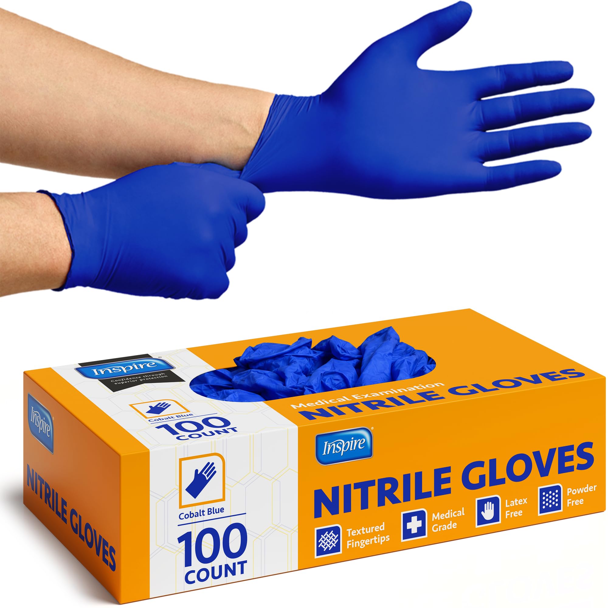 Inspire Cobalt Blue Nitrile Disposable Gloves | 4.5 Nitrile Safety Medical Exam Cooking Cleaning Disposable Gloves (Blue - Box of 100, Medium)