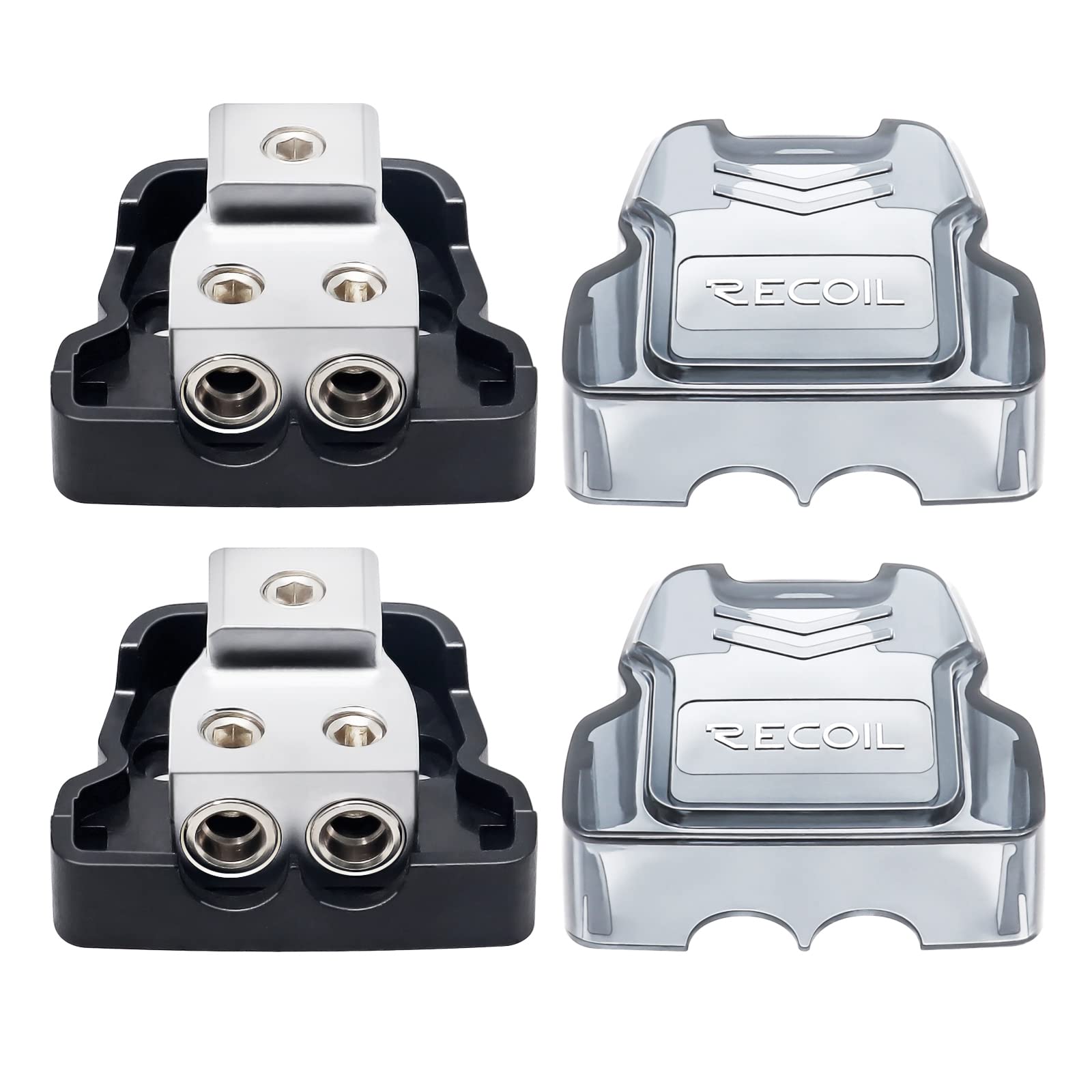 RECOIL 2-Way Power Distribution Block, 1 X 0/2/4 Gauge in / 2 X 4/8 Gauge Out Power Distribution Ground Distributor Block for Car Audio Amplifier Splitter 2 Pack