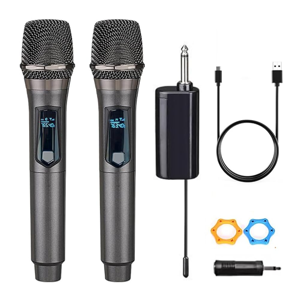 Wireless Microphone, Rechargeable Fixed Frequency Wireless Dual Microphone,Handheld Dynamic mic,Karaoke Singing, Weddings DJ,Party, Church, Classroom use, 200 feet, Gray.(2 Versions Randomly Shipped)