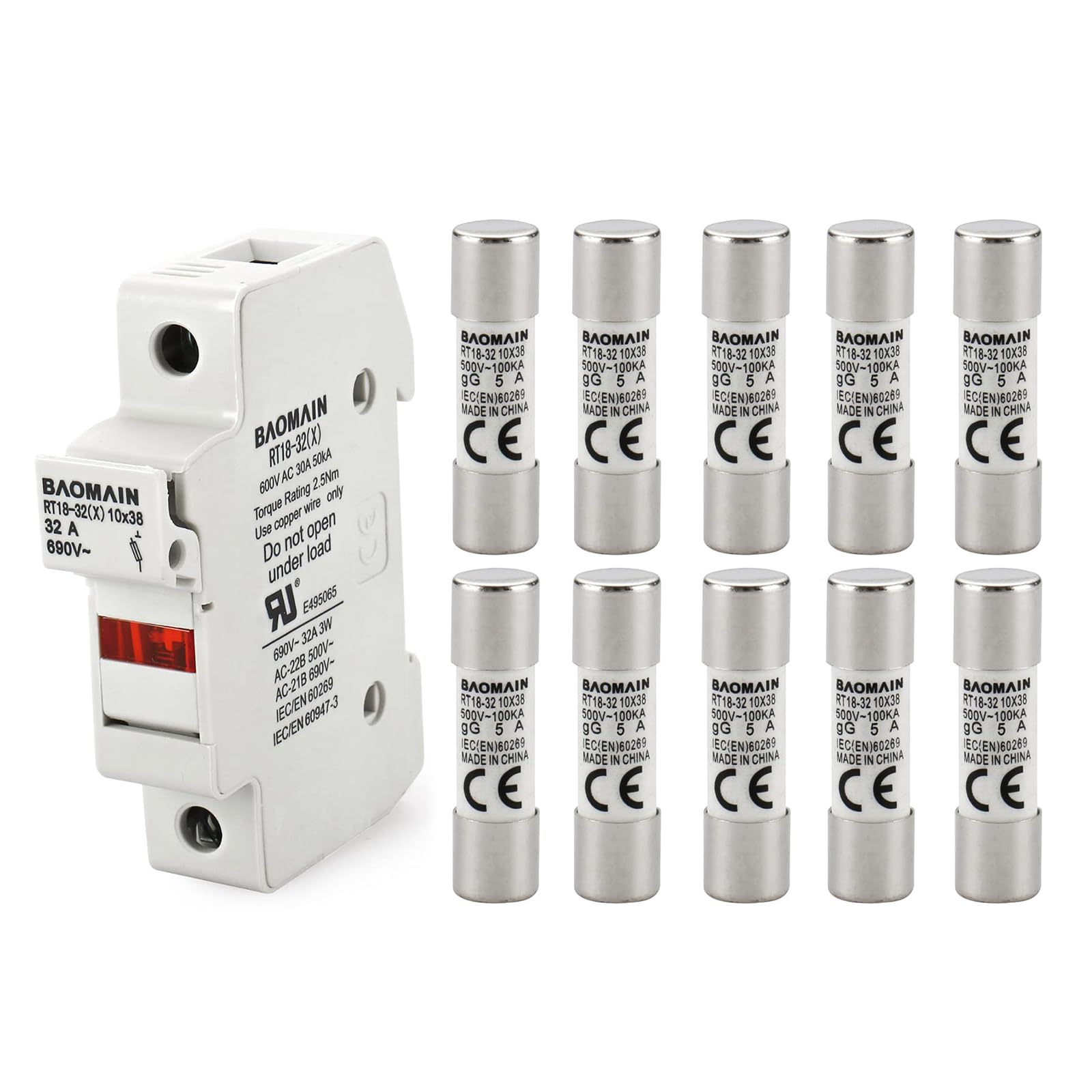 Baomain RT18-32 Fuse Holder Base with 10x5A Ceramic Fuses (10x38mm) – 1 Pole DIN Rail Mount, LED Indicator, CE Certified (5 Amp)