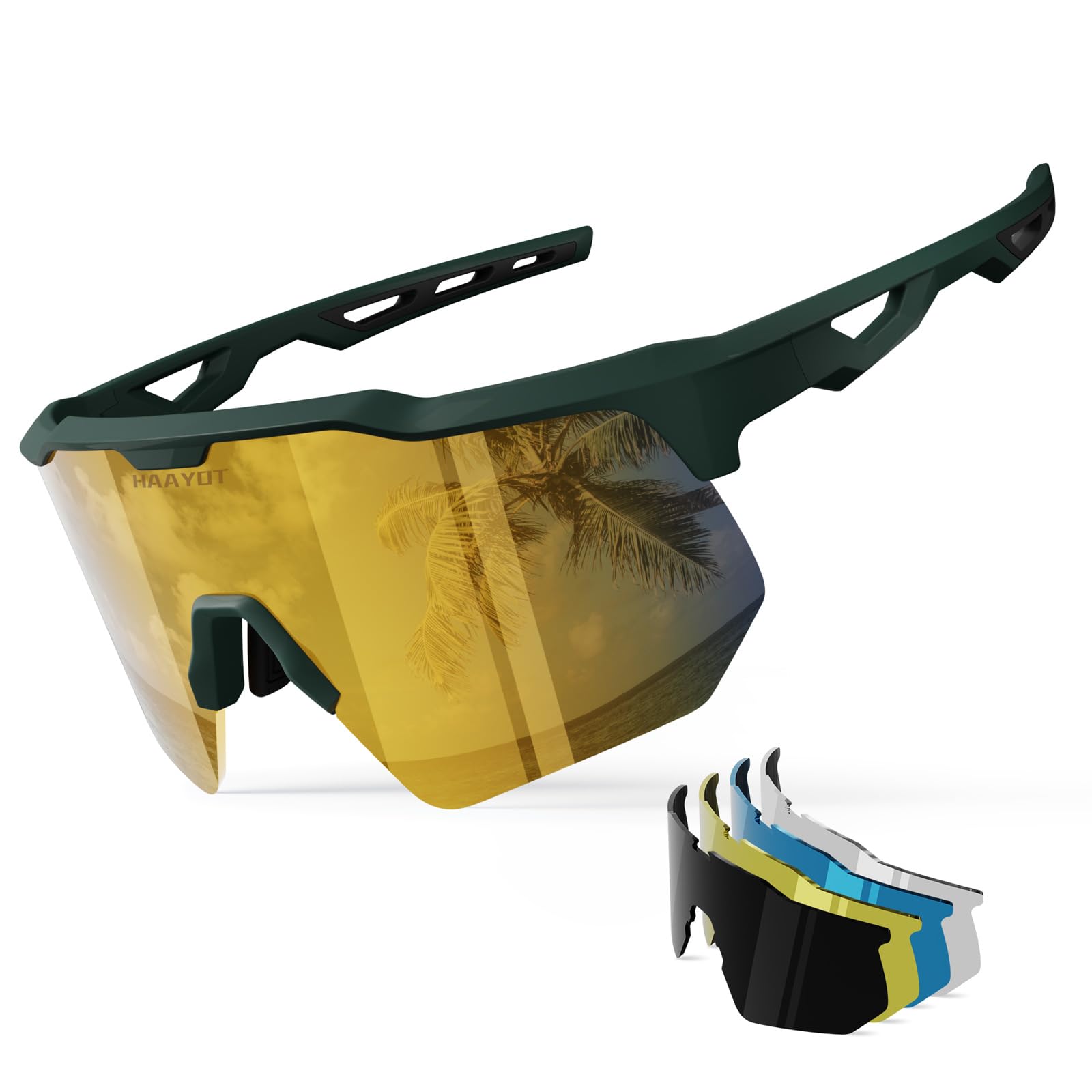 HAAYOT Sports Sunglasses 5 Interchangeable Lenses, Army Green Gold