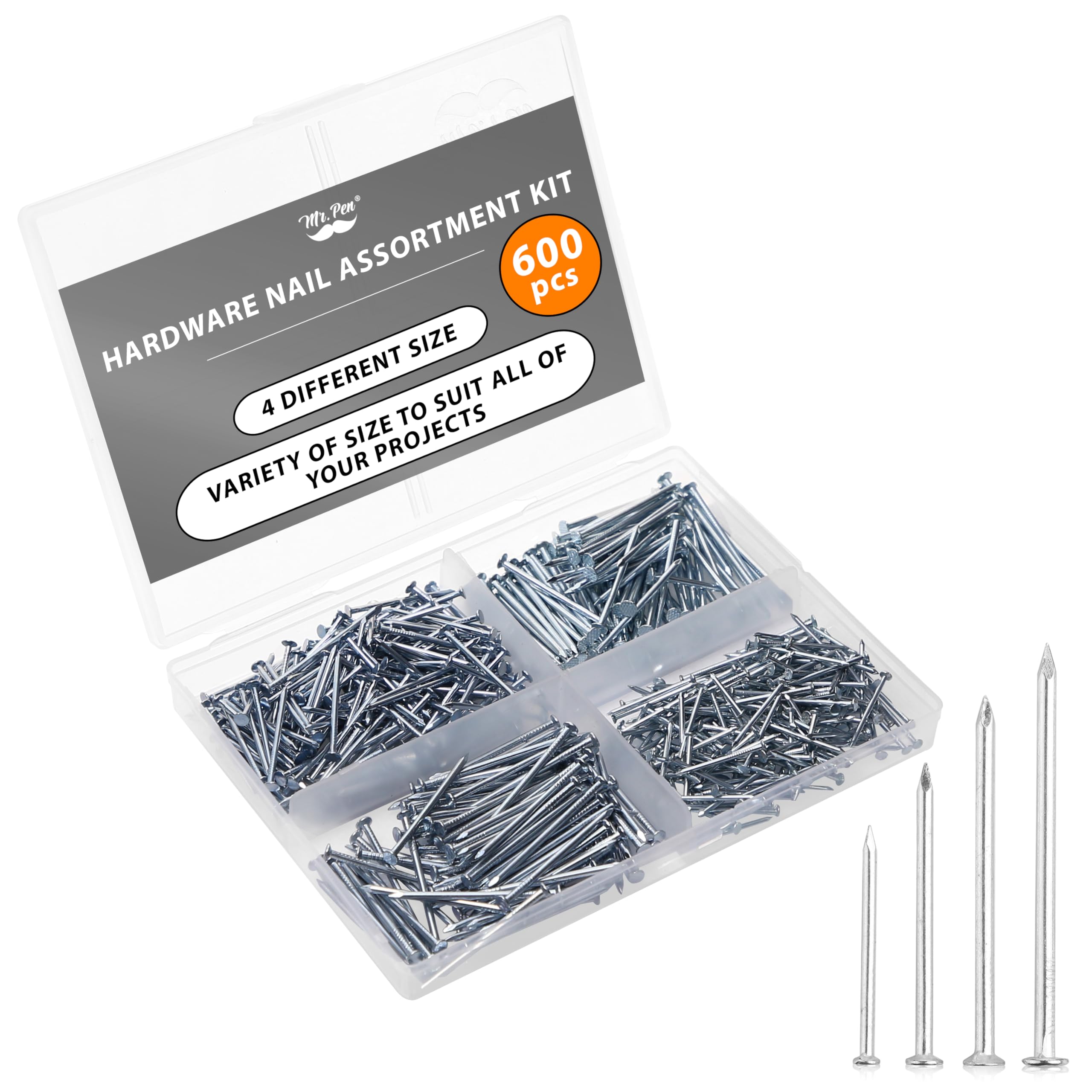 Mr. Pen- Nail Assortment Kit, 600 pcs, 4 Sizes, Silver Picture Hangers