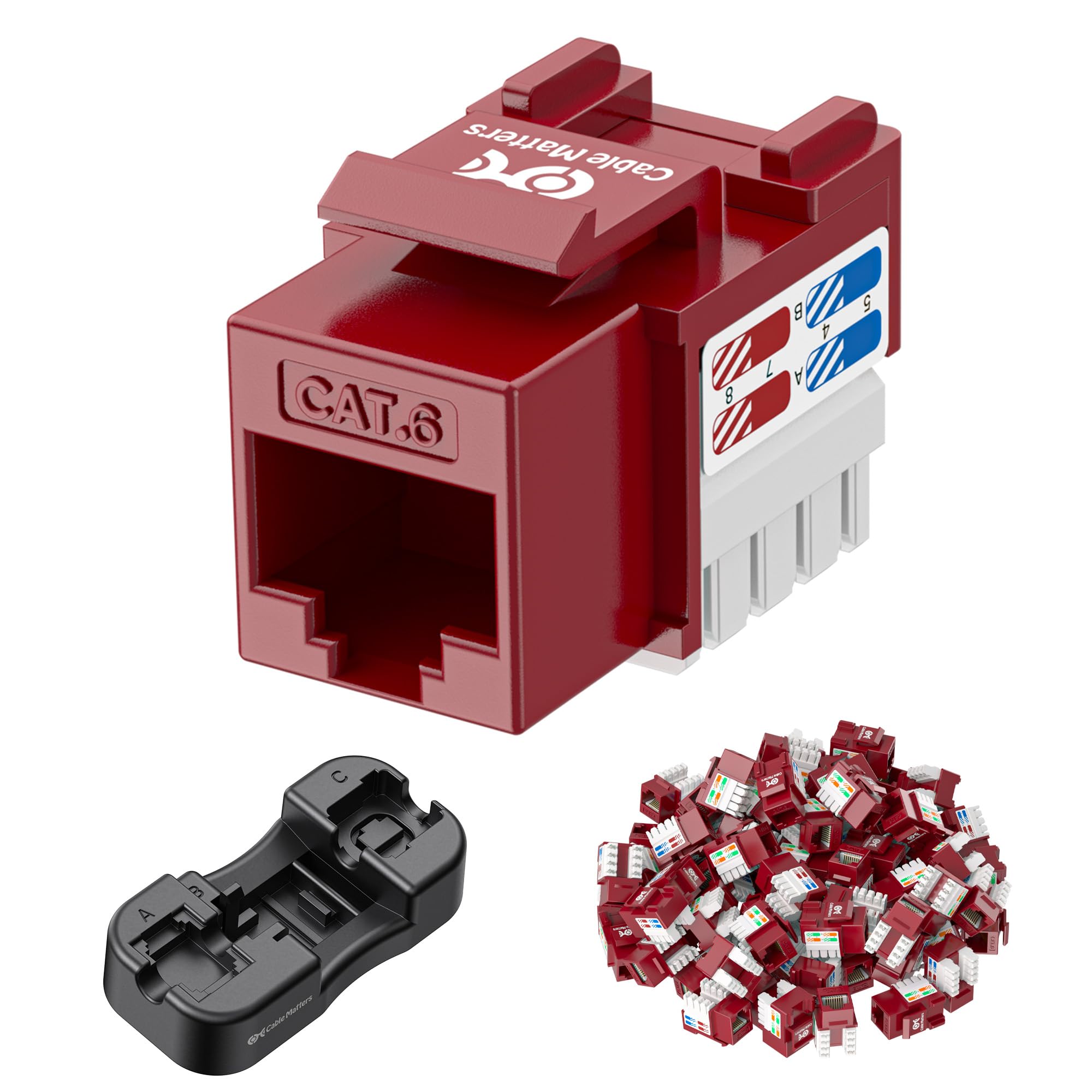Cable Matters [UL Listed] 25-Pack 10Gbps Cat6 Keystone Jacks, RJ45 Keystone Jack, Ethernet Modular Jack in Red with Punch-Down Stand for Patch Panel and Wall Plate