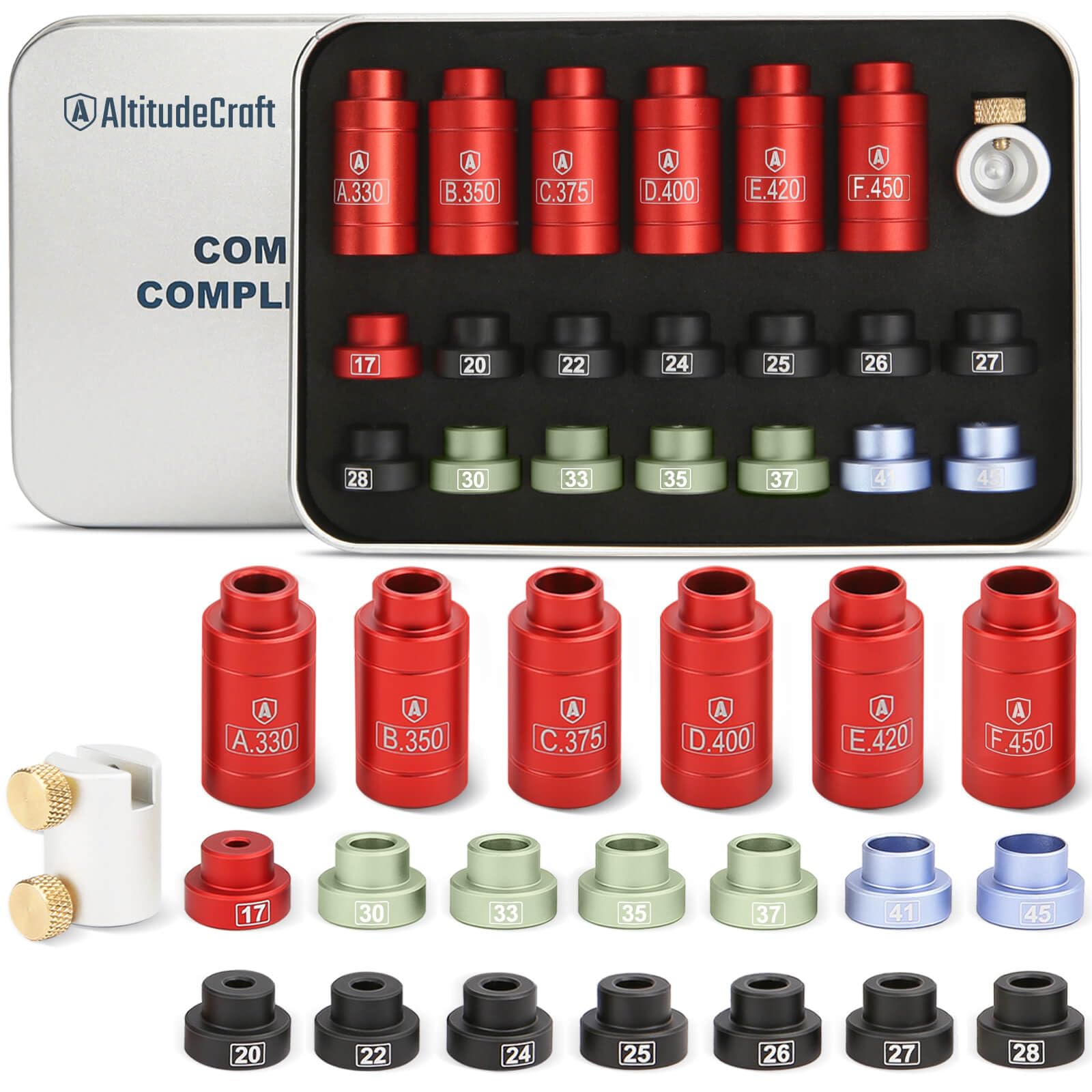 AltitudeCraft Bullet and Headspace Gauge Comparator Kit with 14 Inserts and 6 Bushings, Reloading Supplies and Equipment and Reloading Tool with Tin Box, Anodized Aluminum