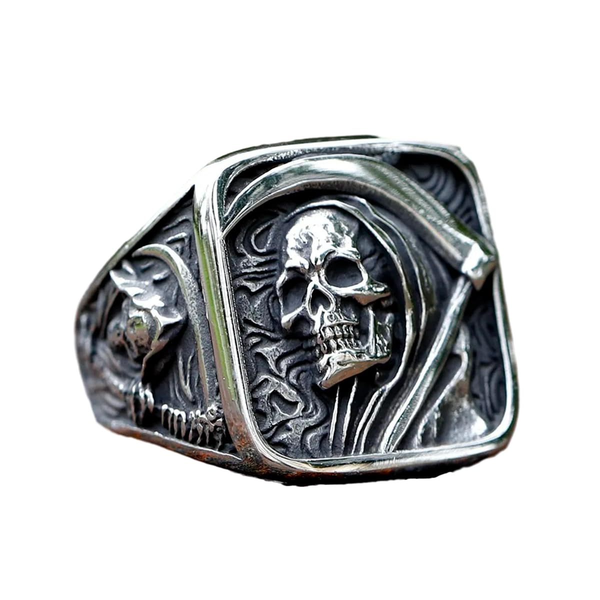 ZMY Home Gothic Skull Ring Stainless Steel Signet Ring for Men Reaper Ring with Hook Design Jewelry Gift (13)